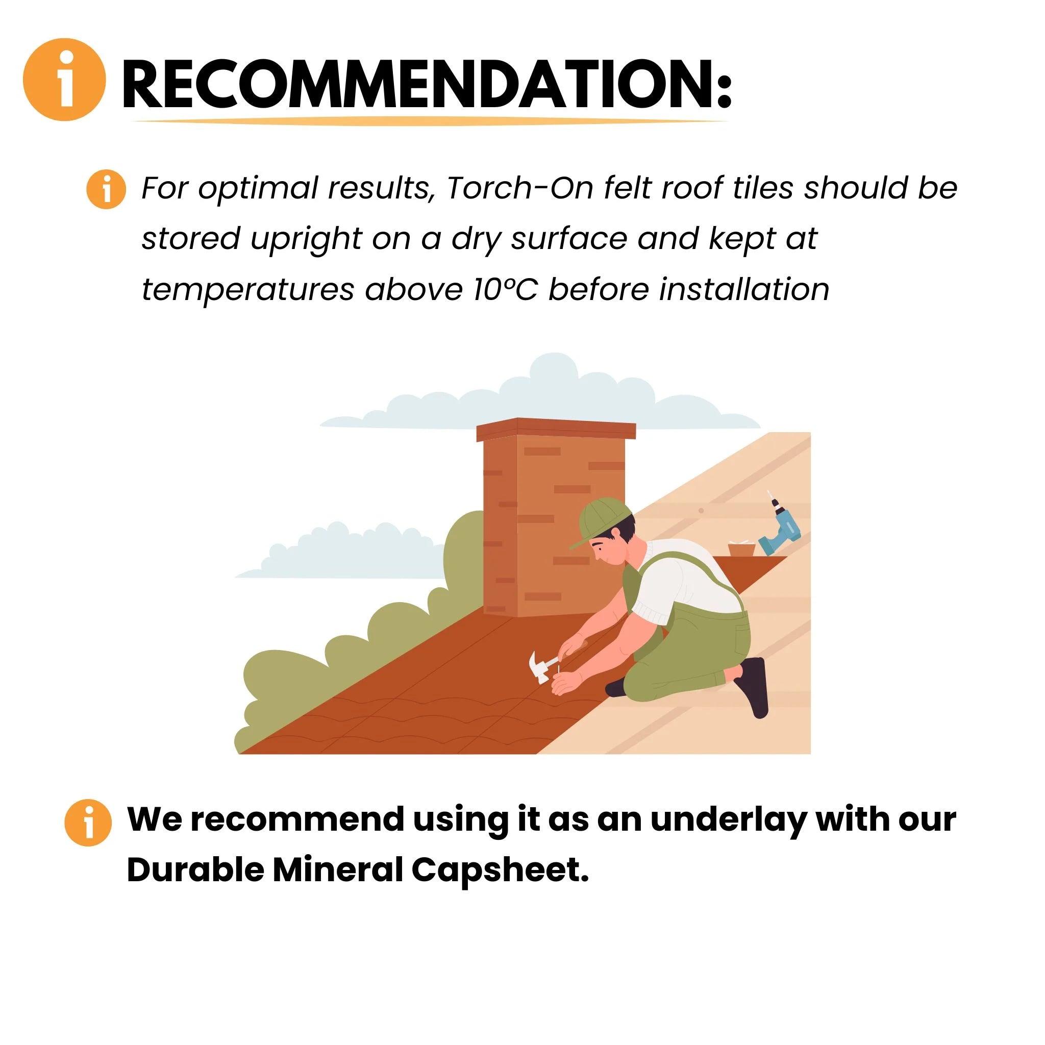recommendation for torch-on felt roof tiles storage and usage with sanded cap sheet underlay