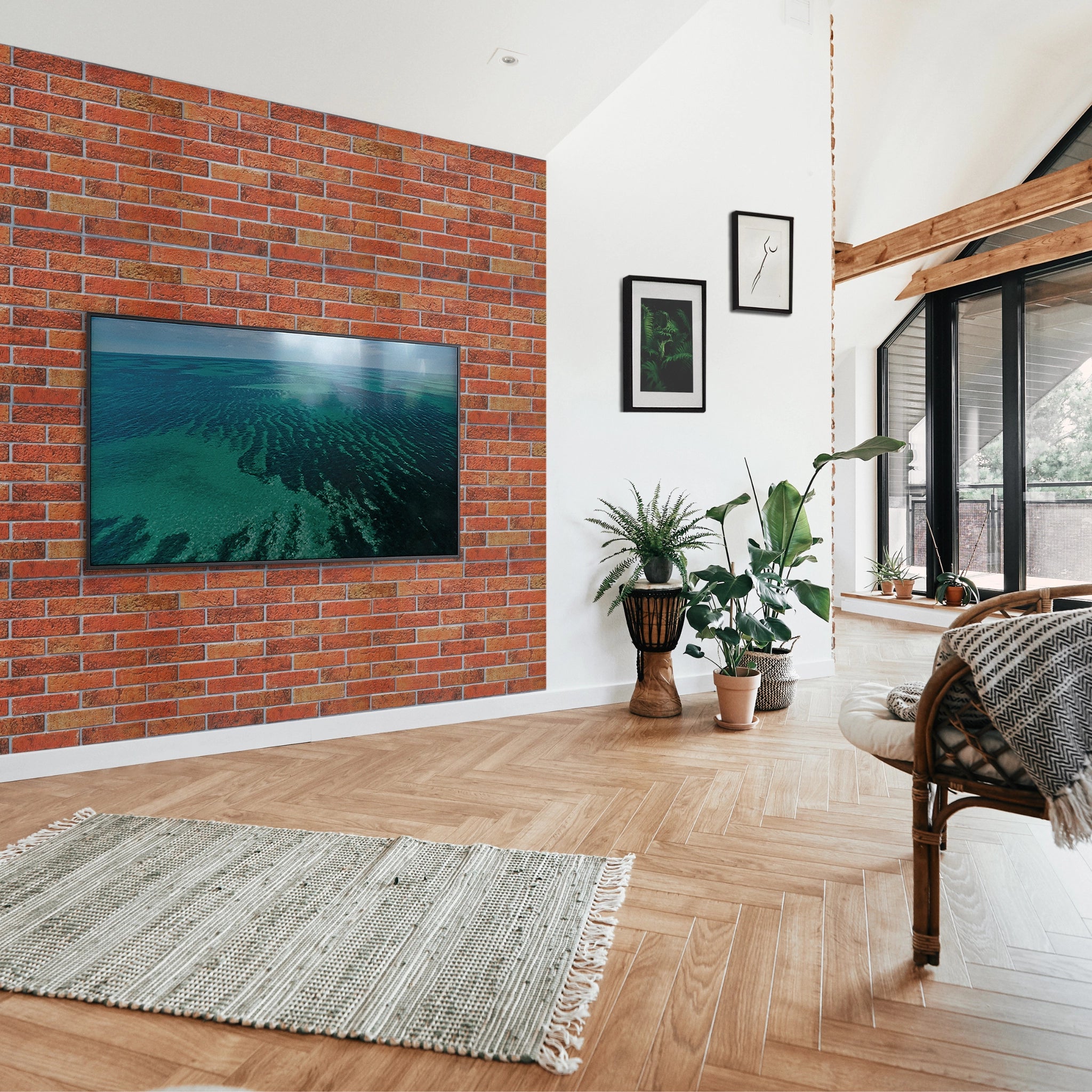 Modern living room with red wall panel featuring geometric patterns