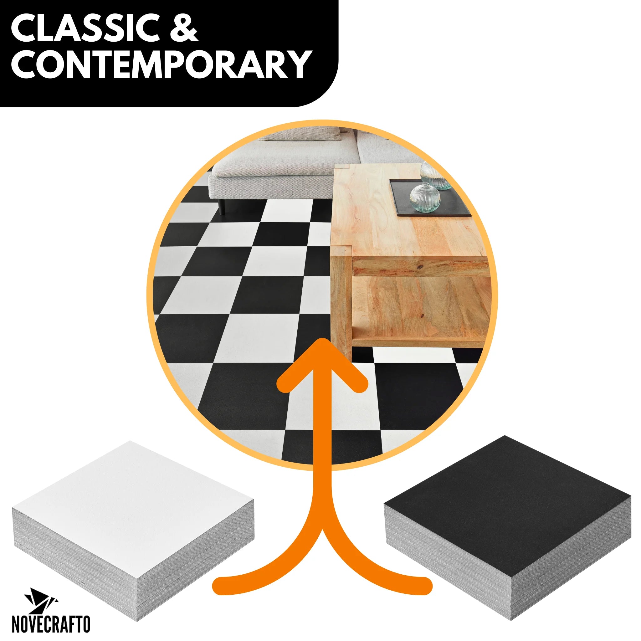 single tile-effect black and white checkerboard floor showcasing white black color