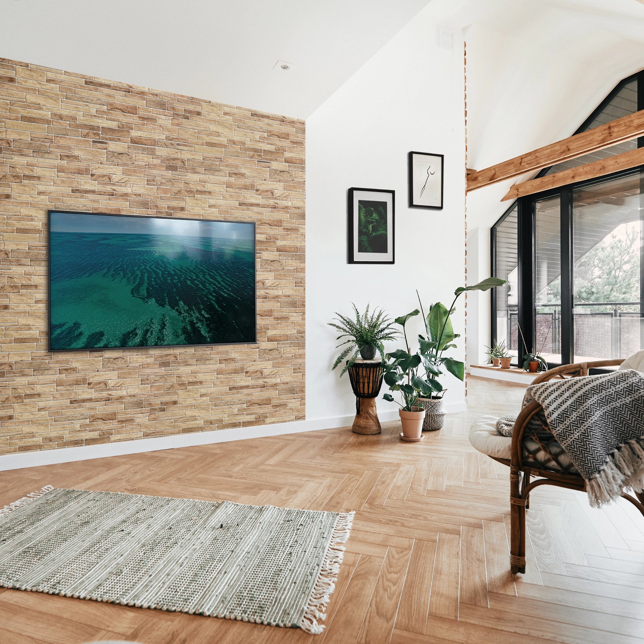 Modern living room with beige wall panel featuring geometric patterns