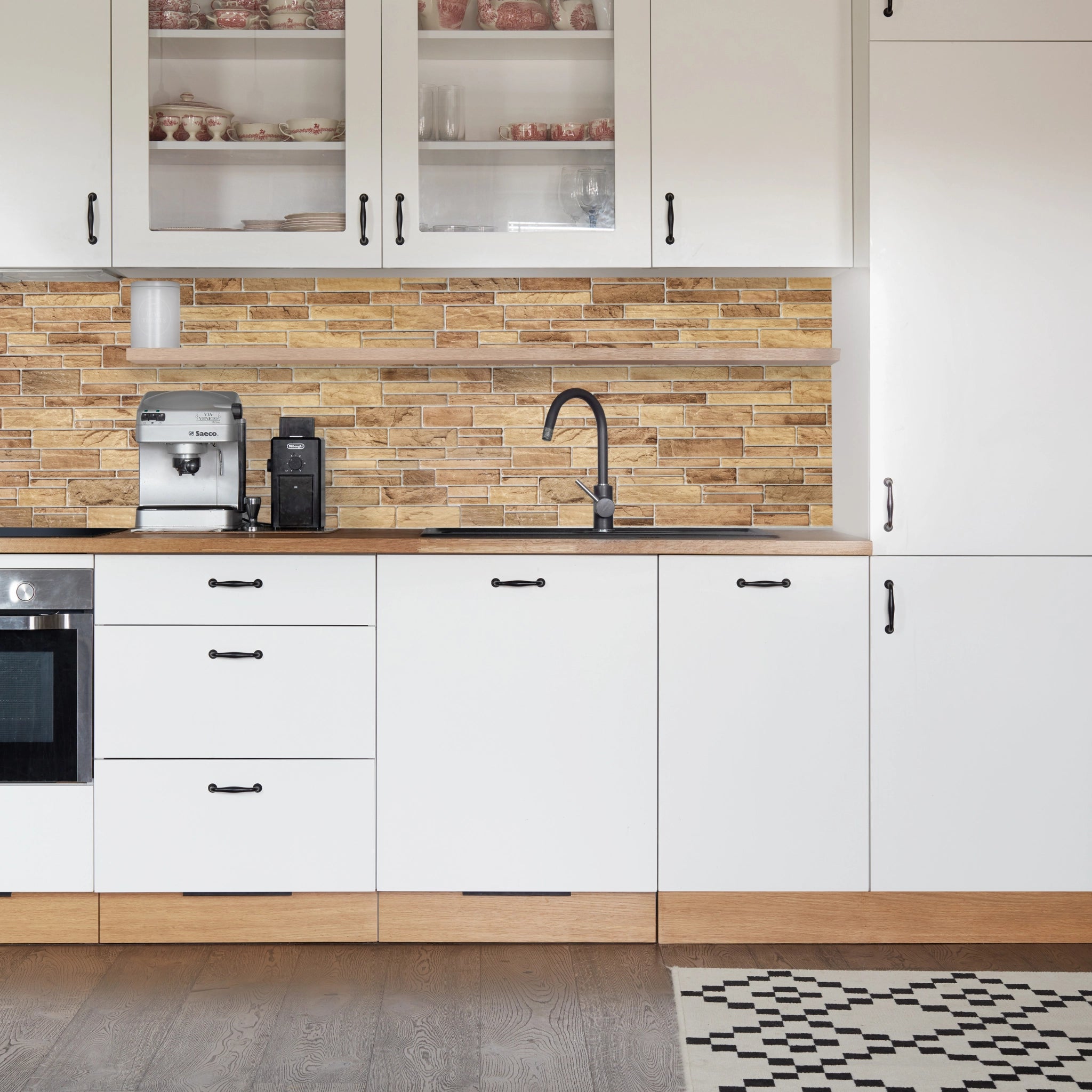Kitchen with beige geometric-patterned wall panels and modern decor