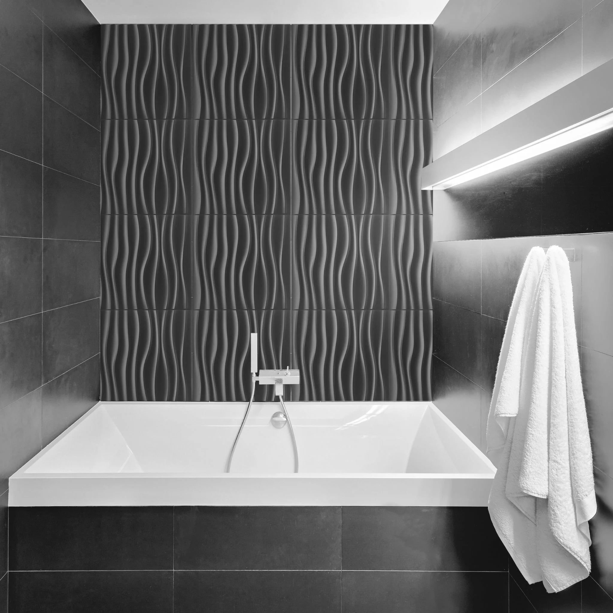 Silver PVC wall panel with wavy design in modern bathroom