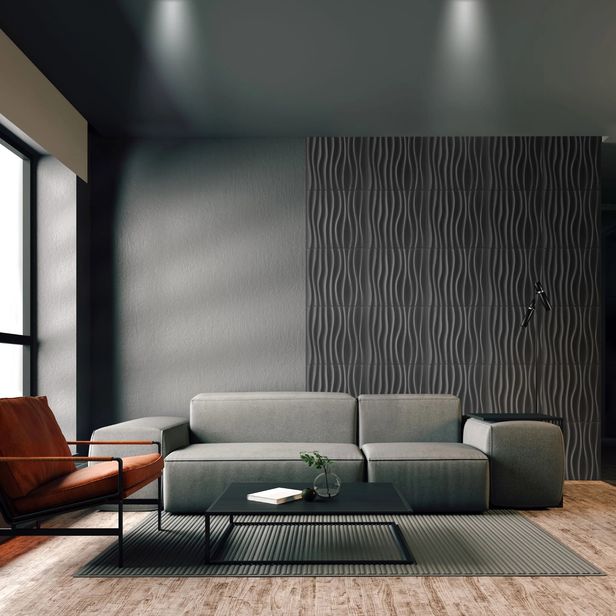 Silver PVC wall panel with wavy design in stylish living room