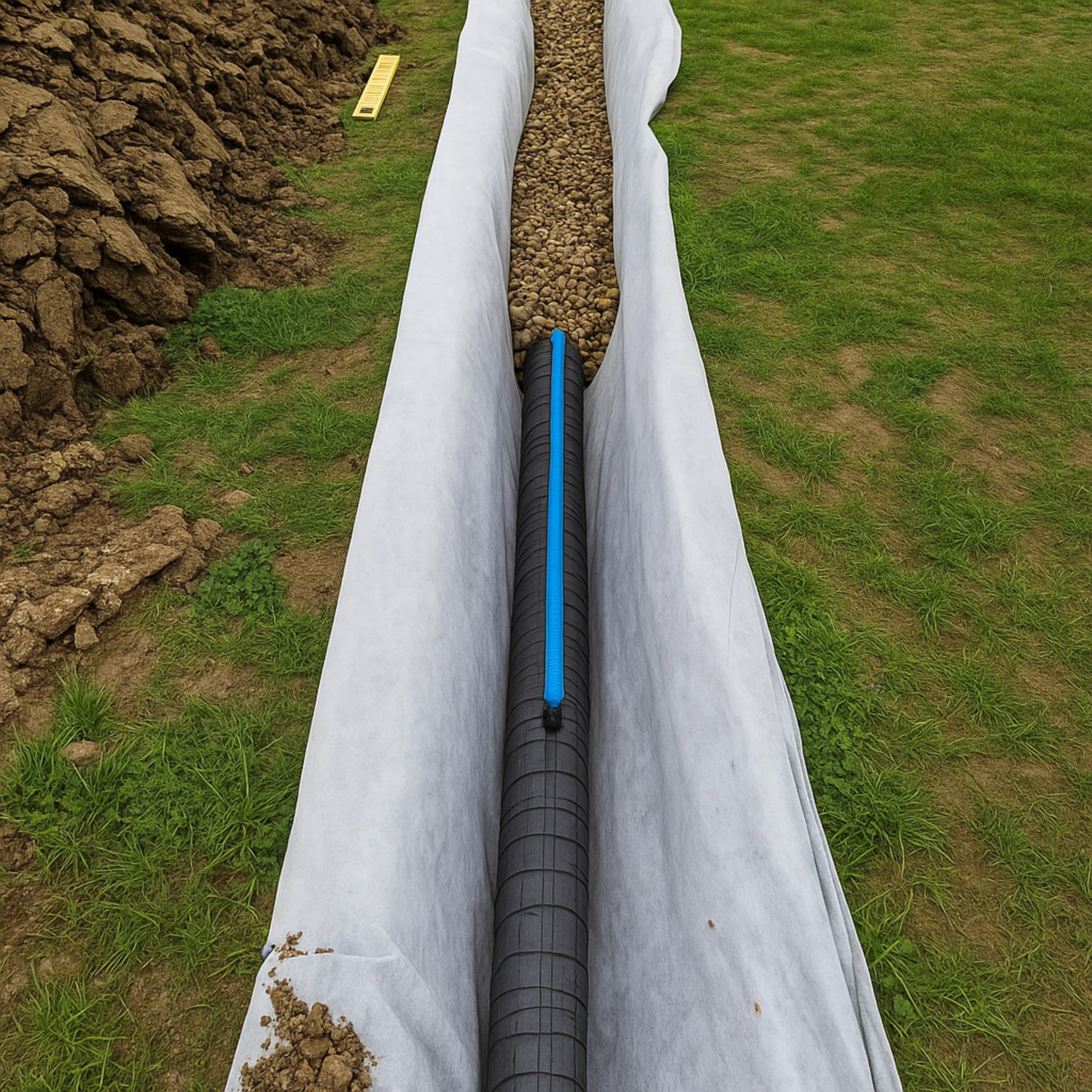 Drainage geotextile membrane lining trench with pipe
