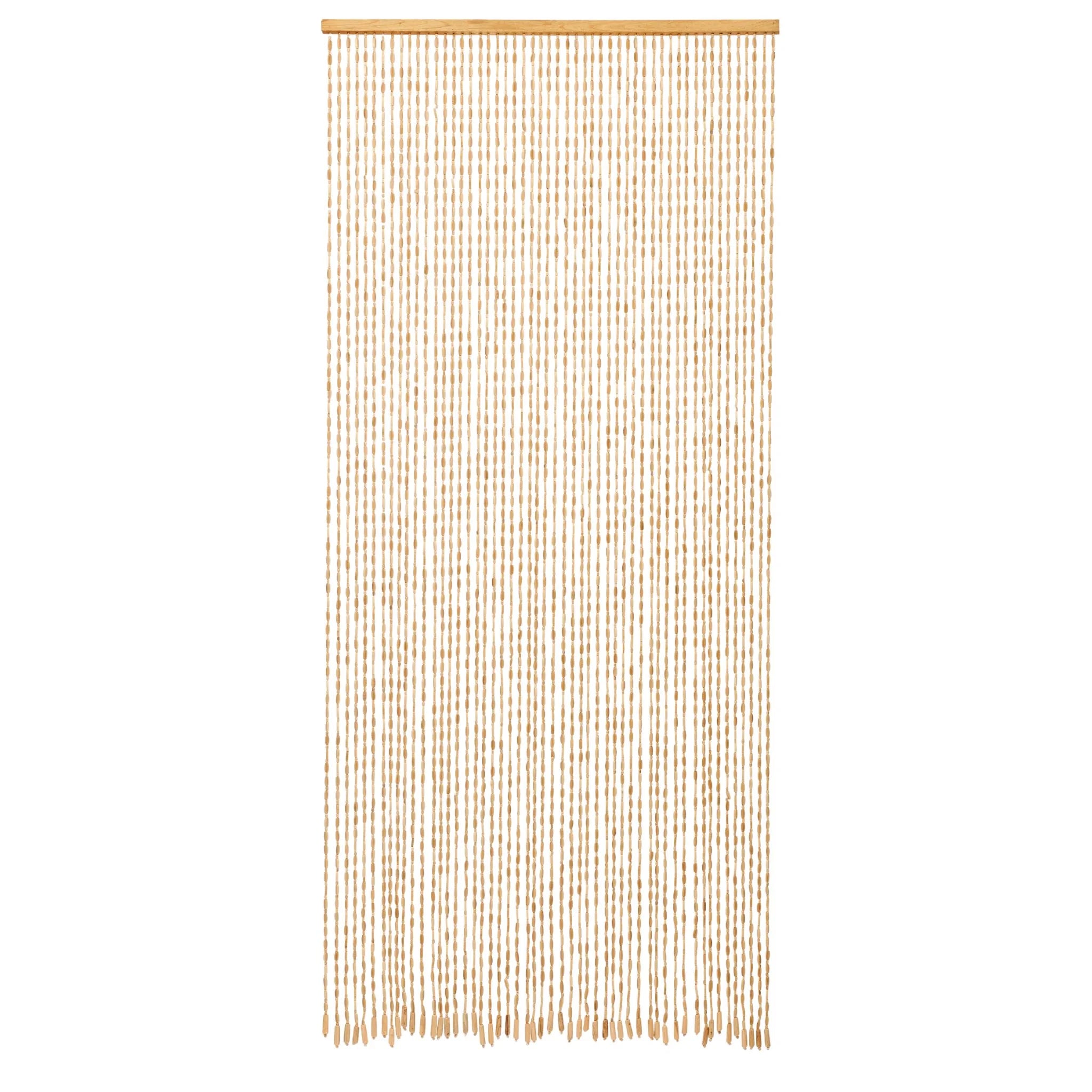 Full view of a hanging wooden bead door curtain