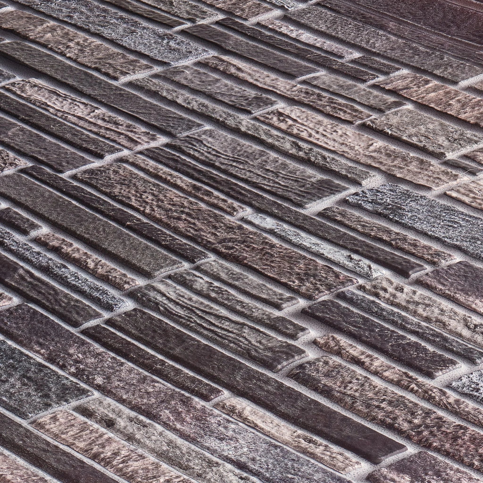angled view of grey slim stone brick pattern 3d wall panel