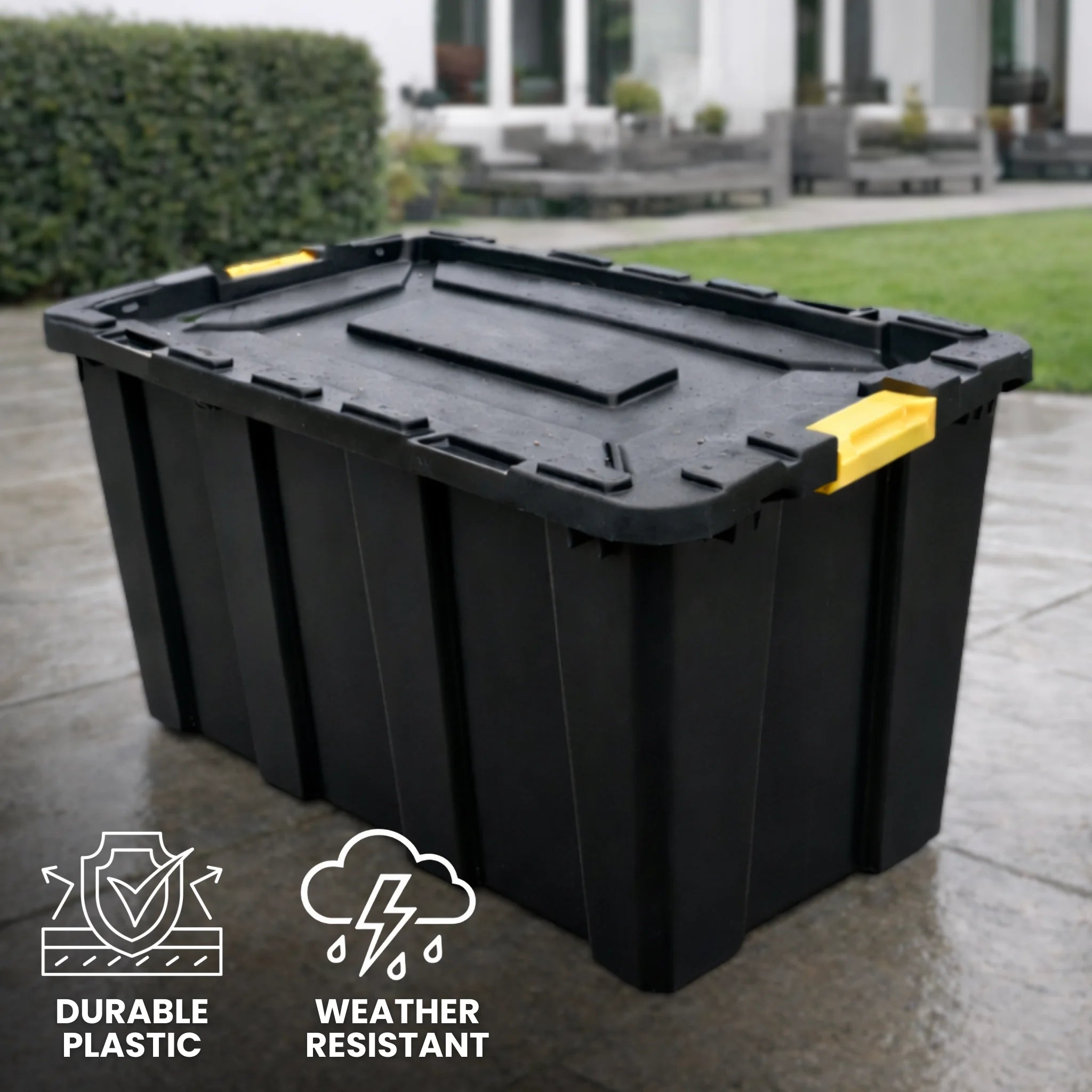 Weather-resistant black storage box for outdoors
