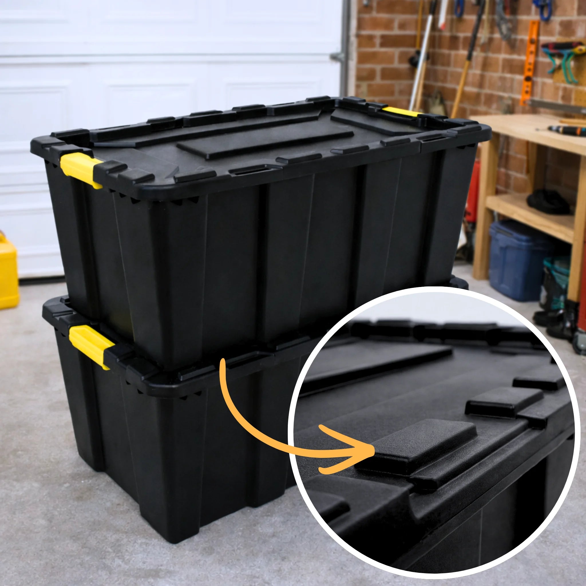 Stackable 100L black storage box with secure lid for shed garage organizing