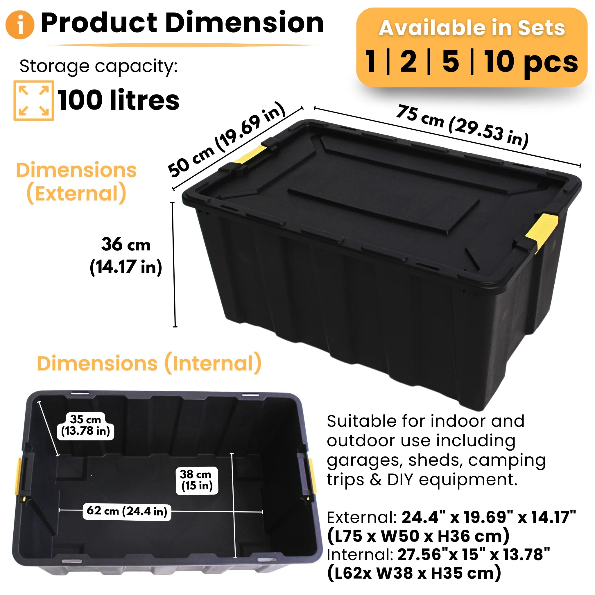 100L stackable storage box with dimensions and set options