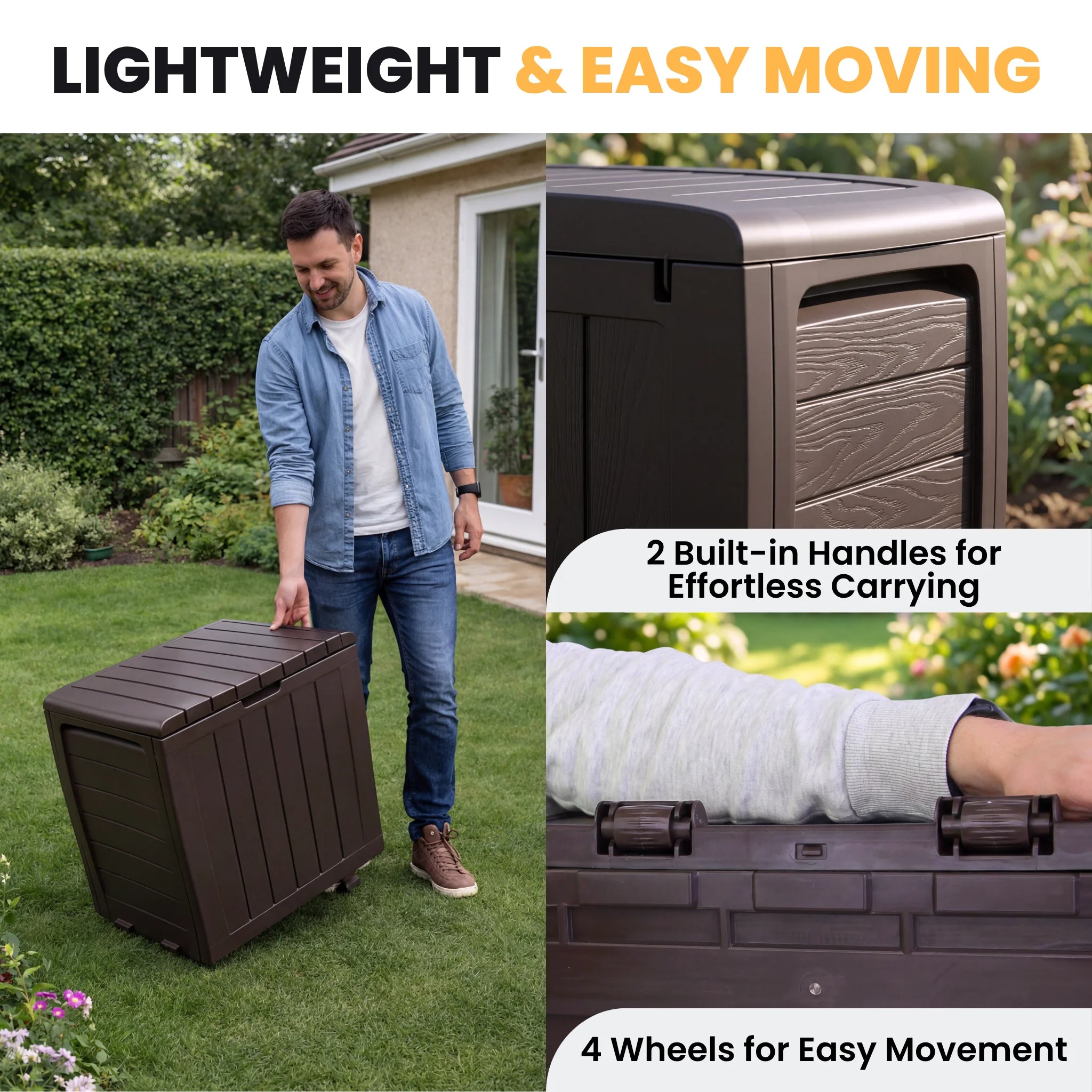Lightweight waterproof garden storage box with wheels