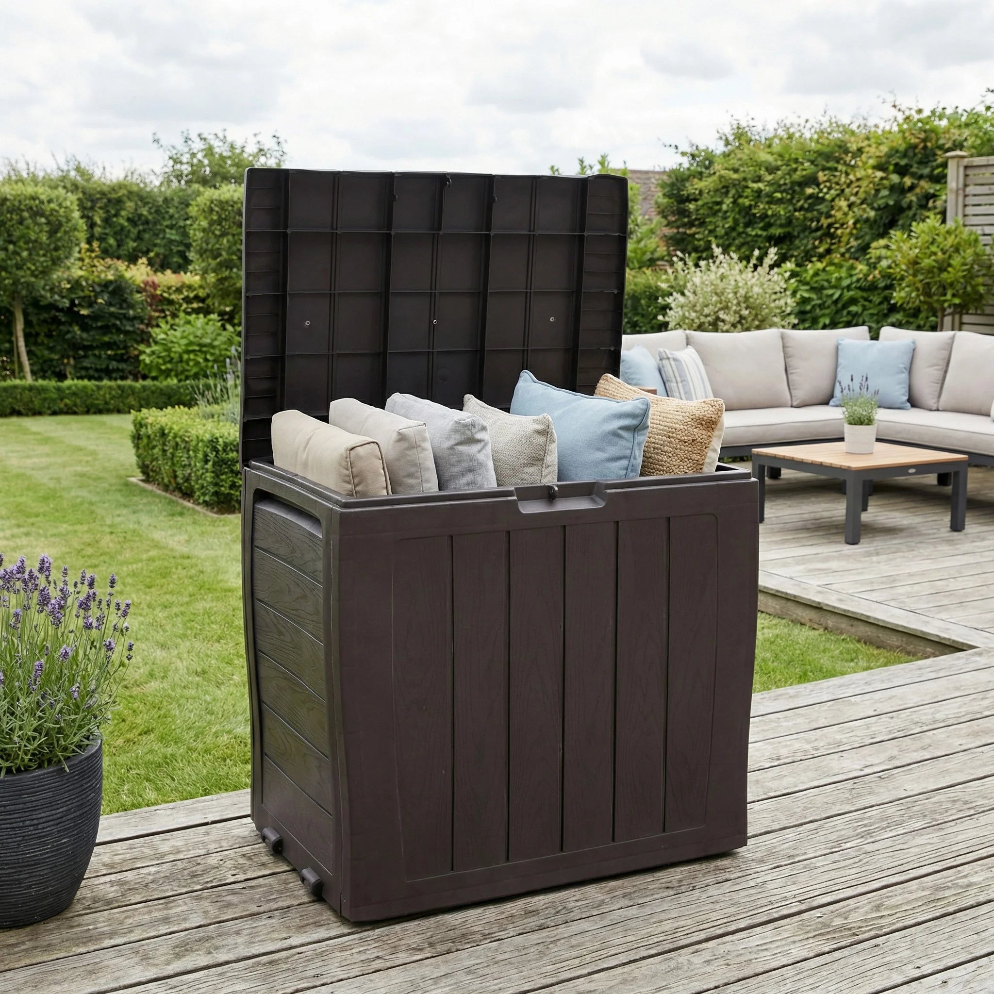 Garden cushion storage box with outdoor pillows