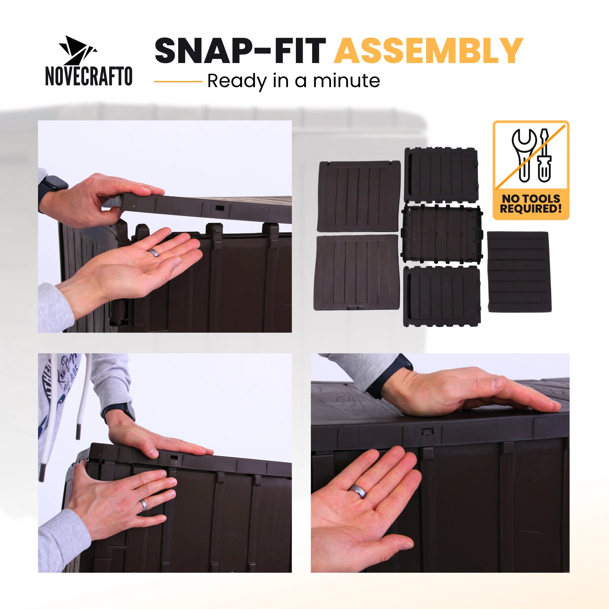 Snap-fit assembly for large outdoor storage box