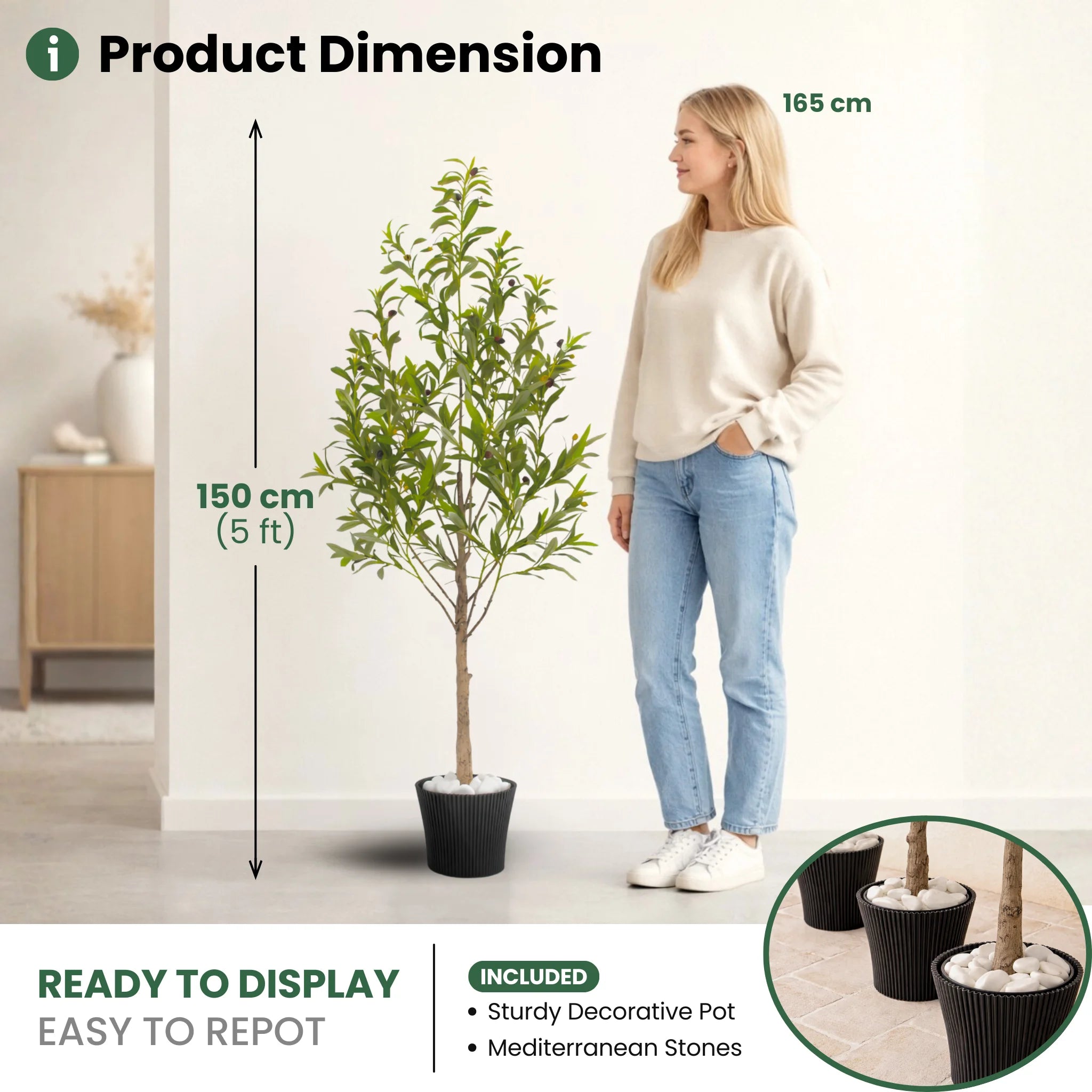 150CM Artificial Olive Tree with Decorative Pot & Mediterranean Stones