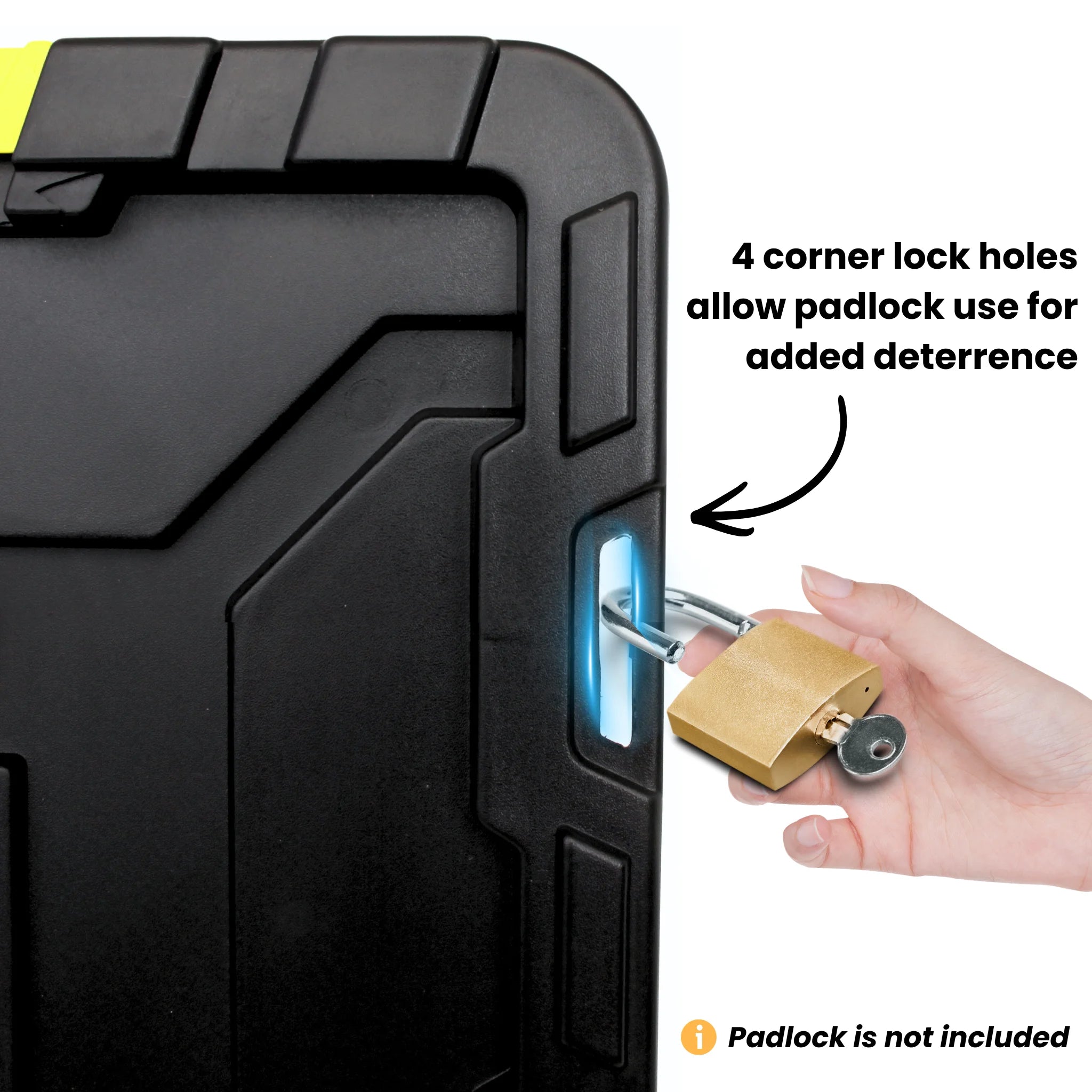 Open black storage box showing deep interior space