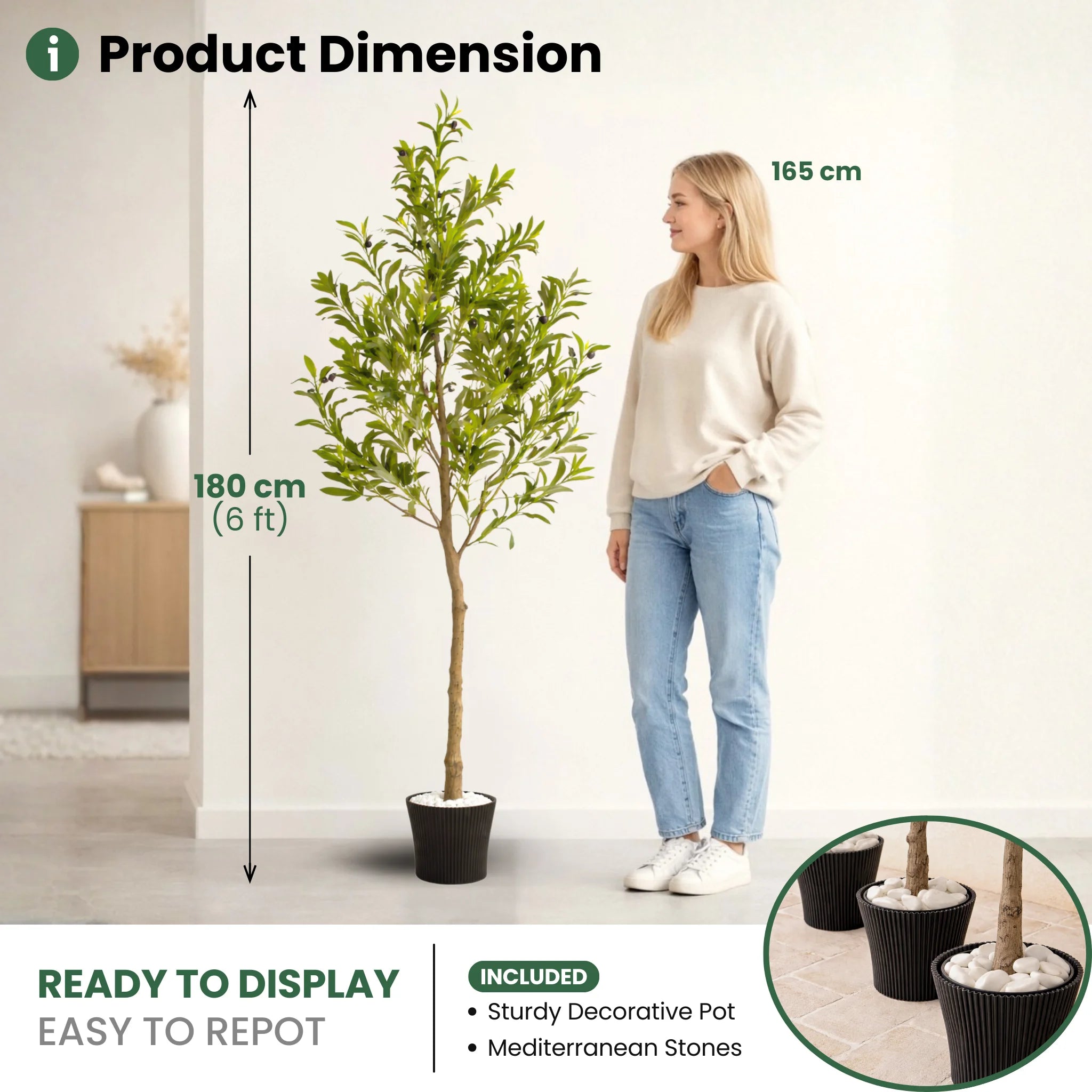 180CM Artificial Olive Tree with Decorative Pot & Mediterranean Stones