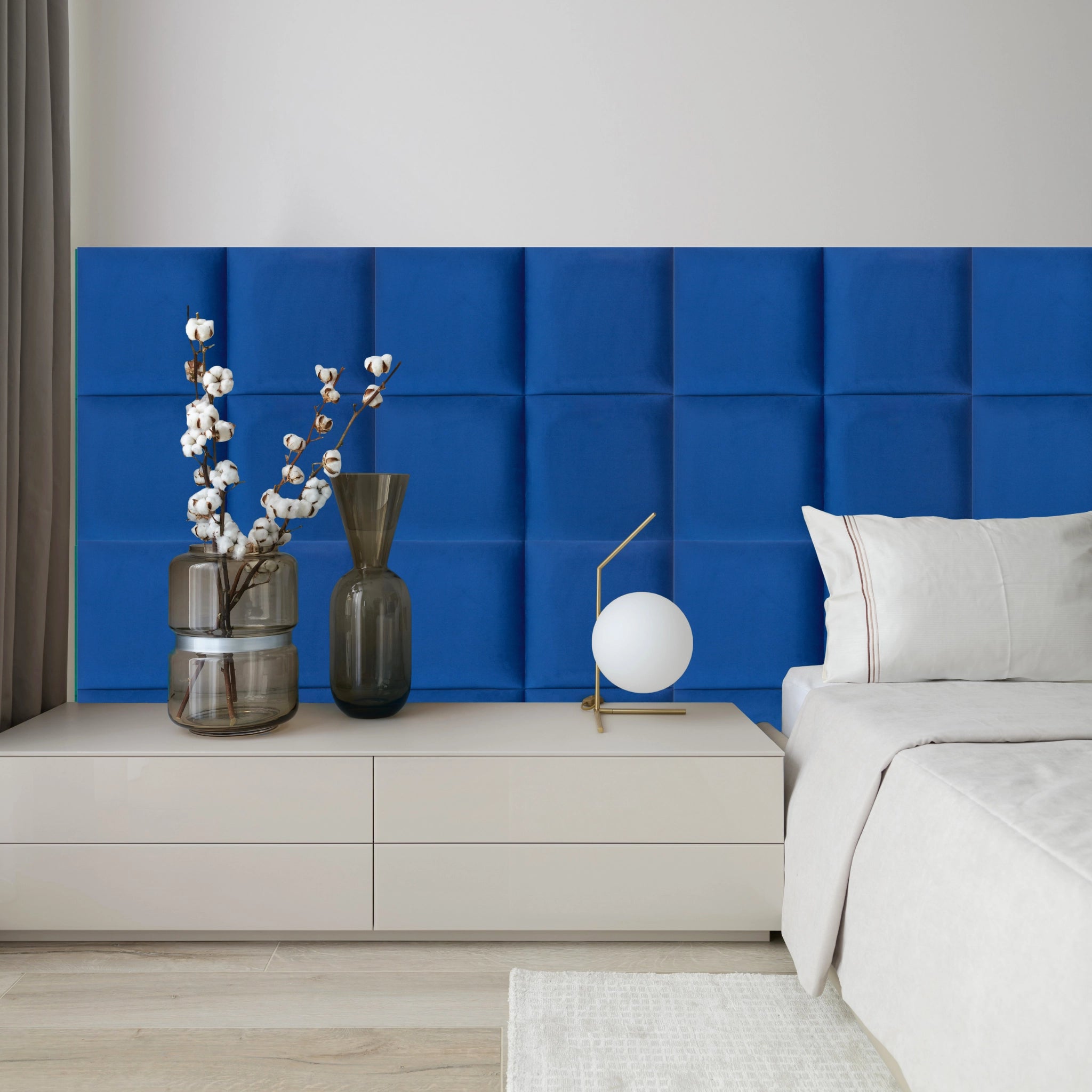 Blue Velvet Upholstered Wall Panels with Adhesive - 30x30cm