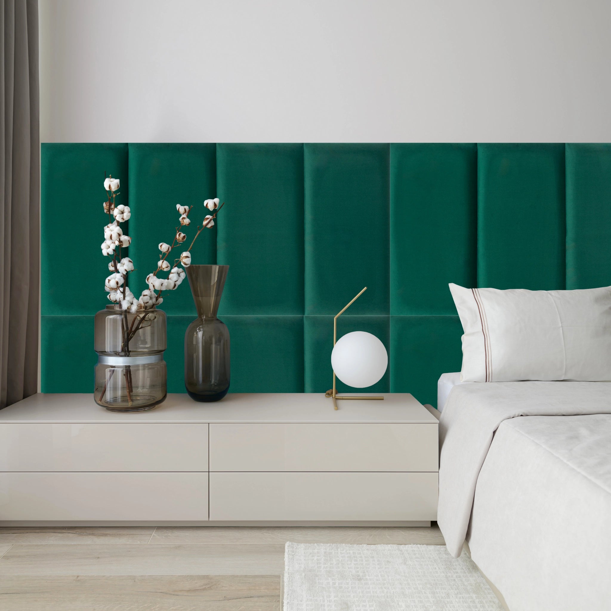 Green Velvet Upholstered Wall Panels with Adhesive - 60x30cm