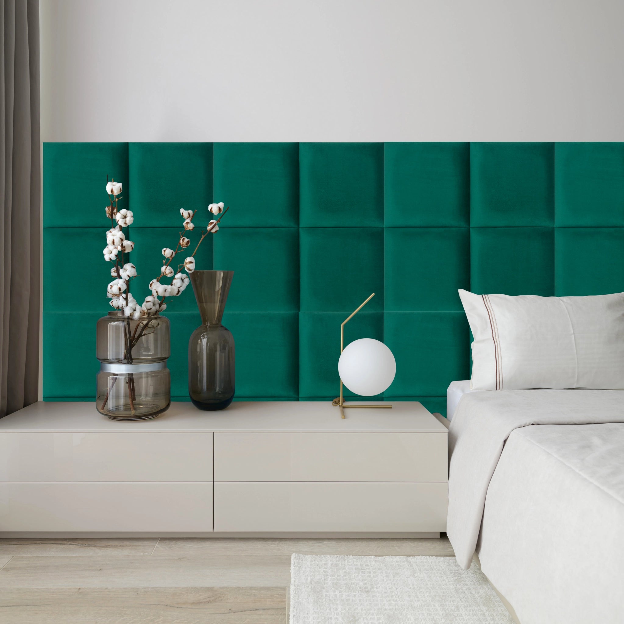 Green Velvet Upholstered Wall Panels with Adhesive - 30x30cm