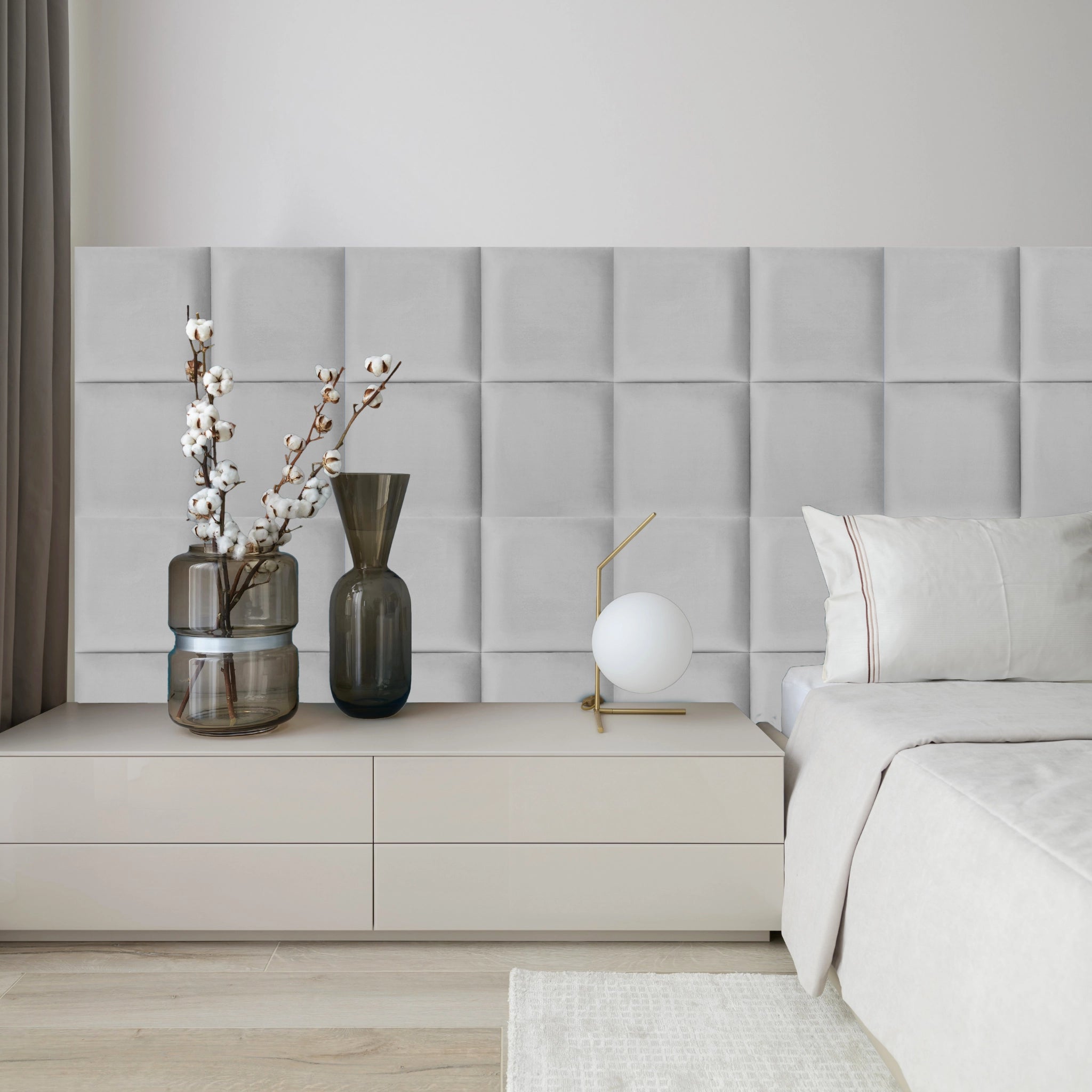 Grey Velvet Upholstered Wall Panels with Adhesive - 30x30cm