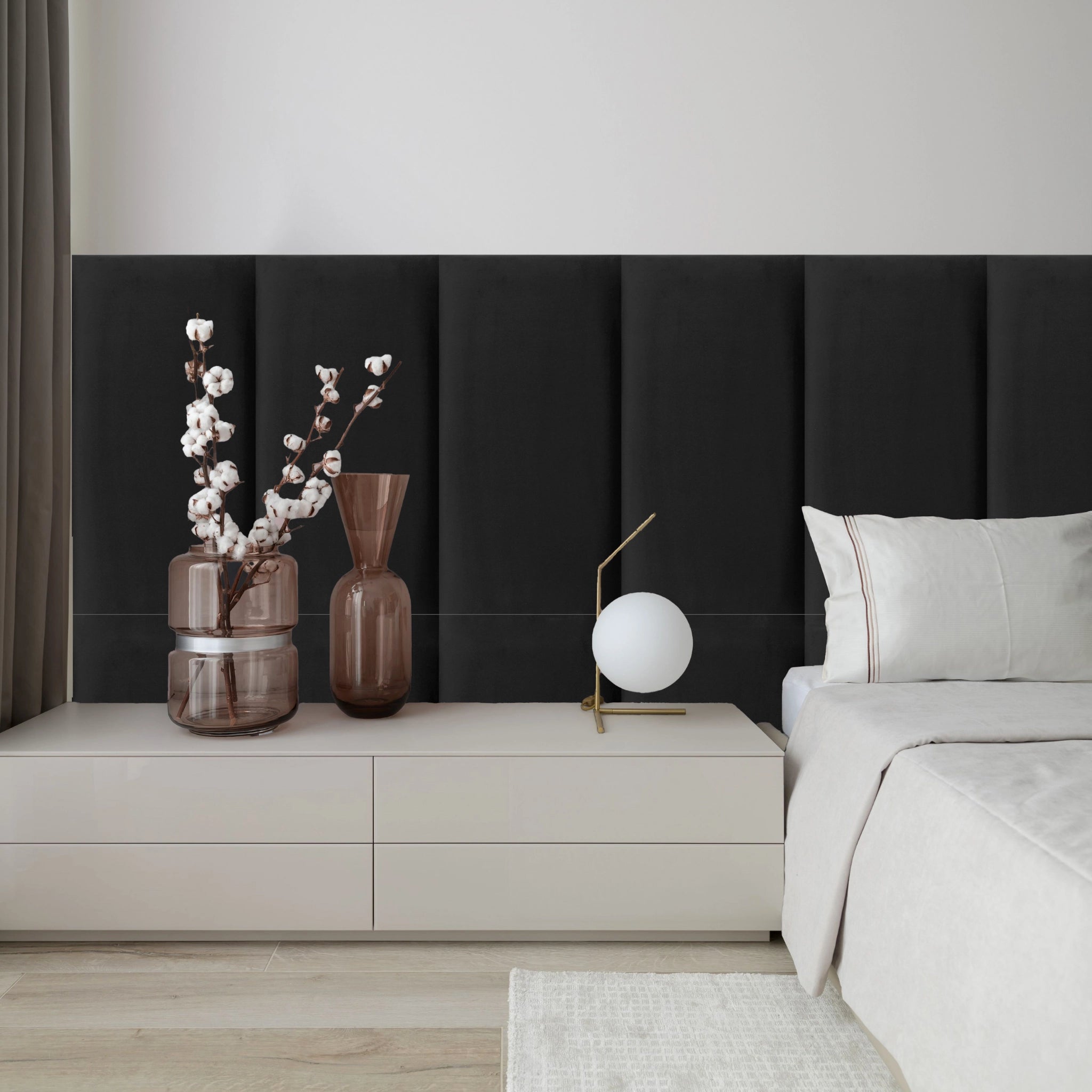 Black Velvet Upholstered Wall Panels with Adhesive - 60x30cm