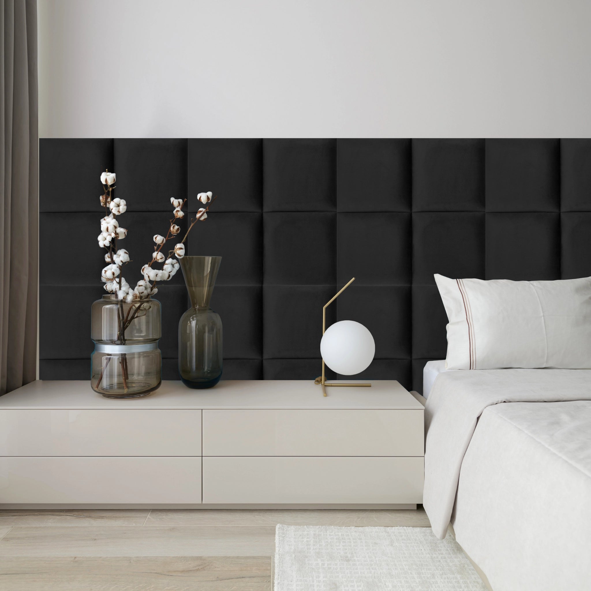 Black Velvet Upholstered Wall Panels with Adhesive - 30x30cm