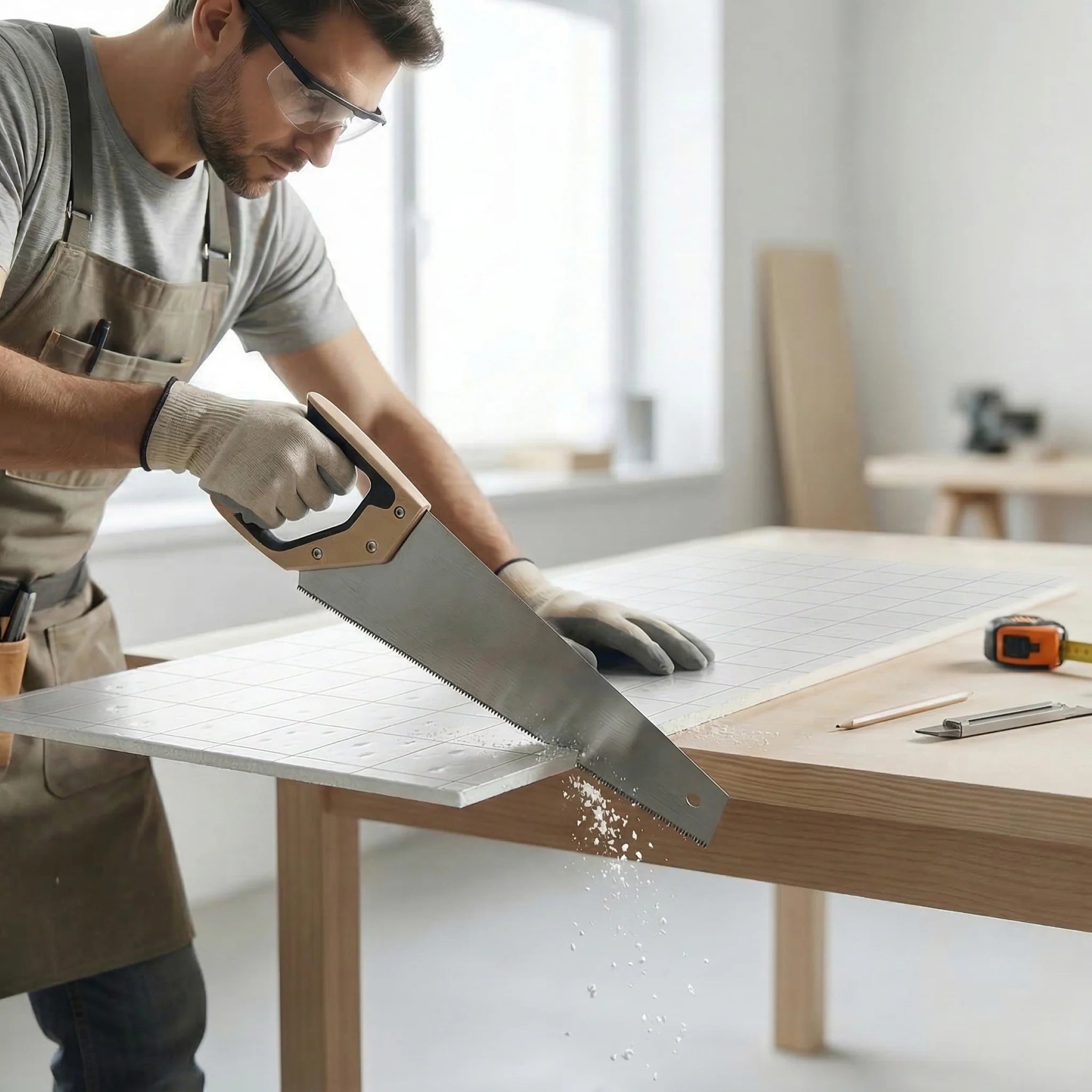 Worker cutting PIR board with hand saw