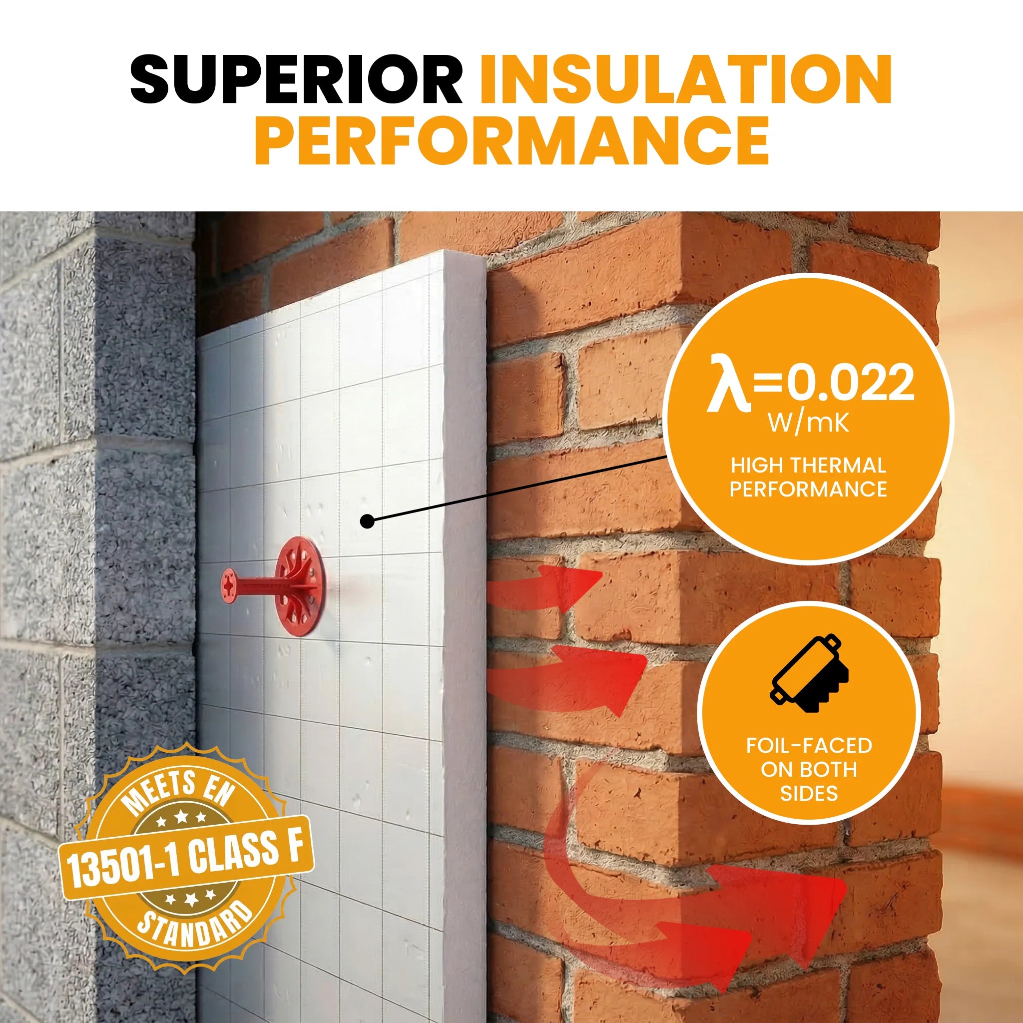 PIR insulation board on brick wall heat barrier