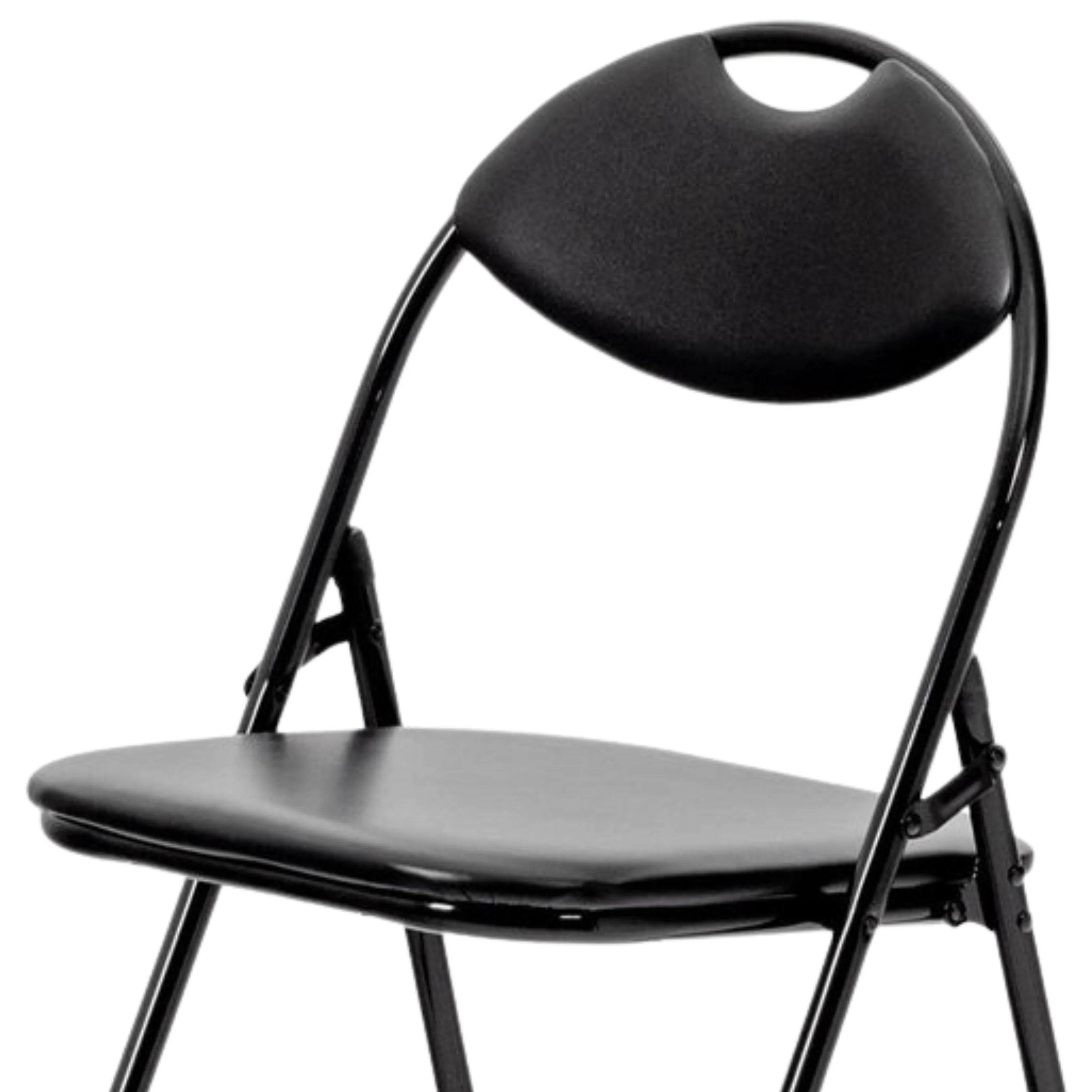 close up of black folding chair seat and backrest