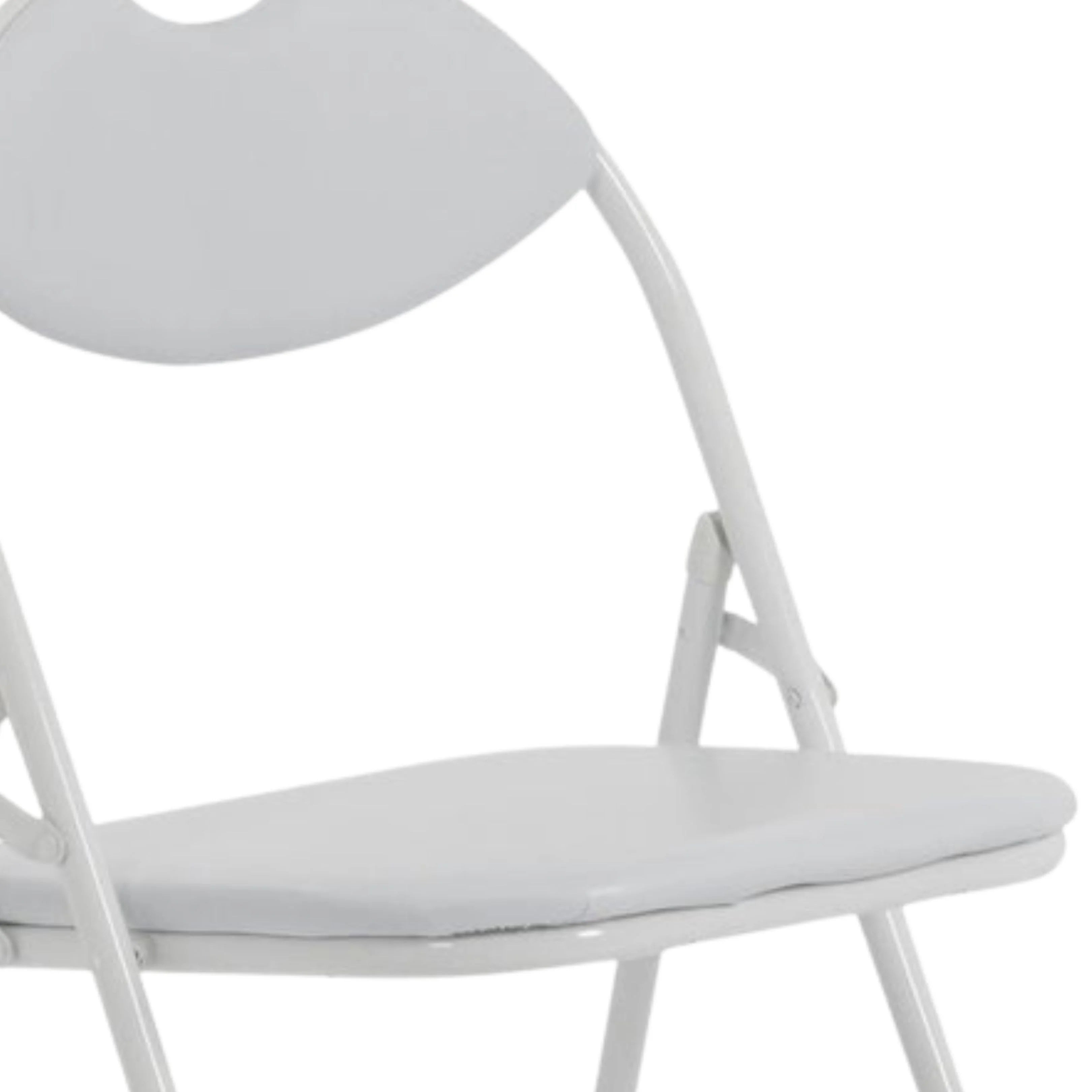 close up of white folding chair seat and backrest