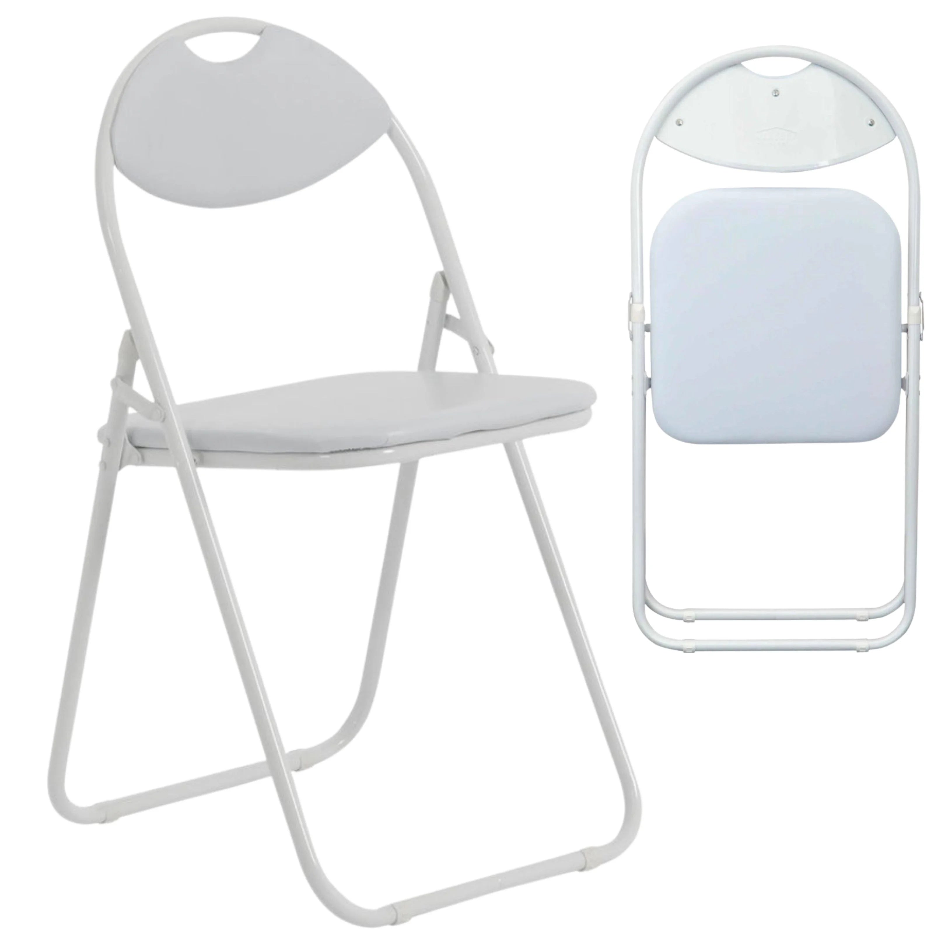 white folding chair and folded view for ease of storage