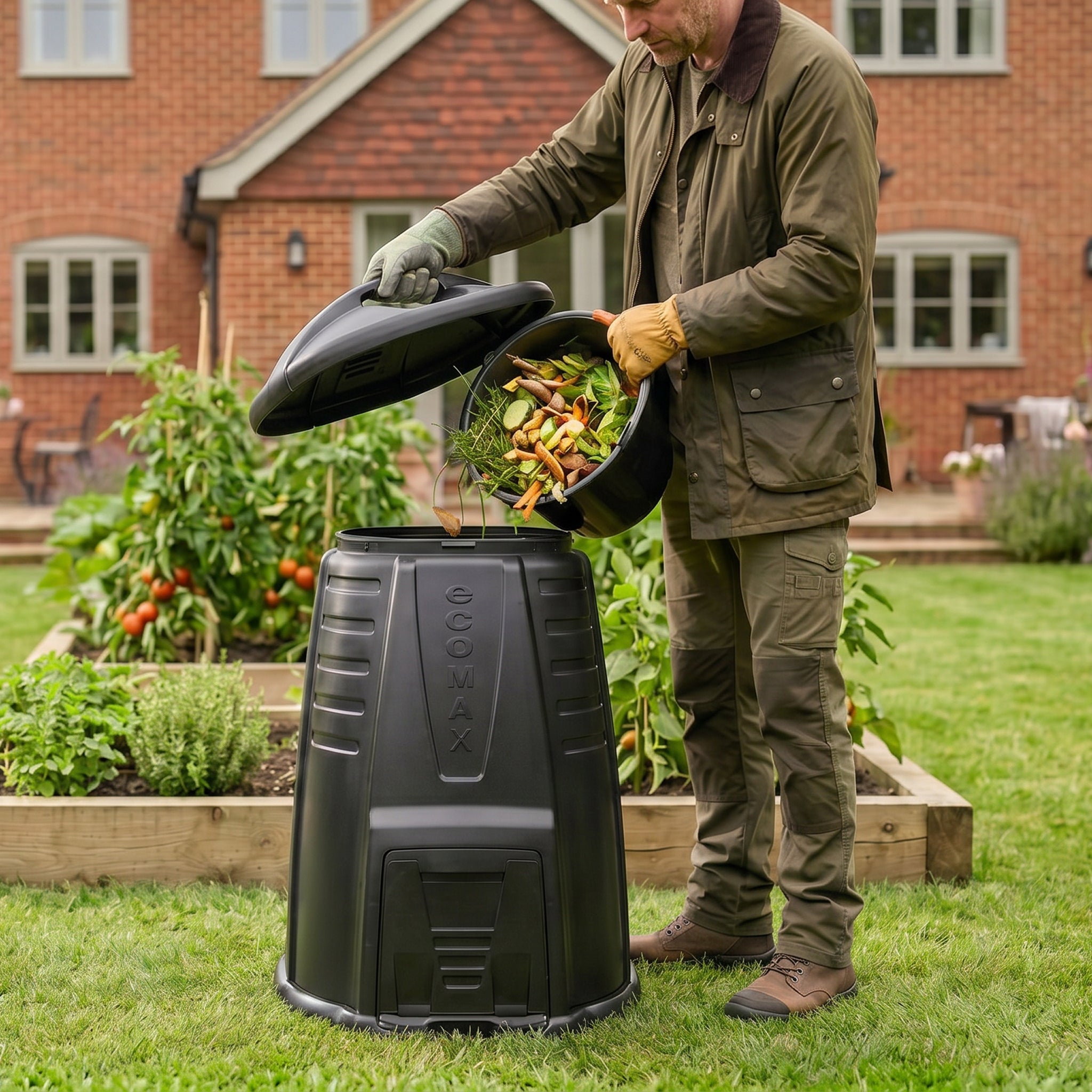 Outdoor compost bin with harvest door