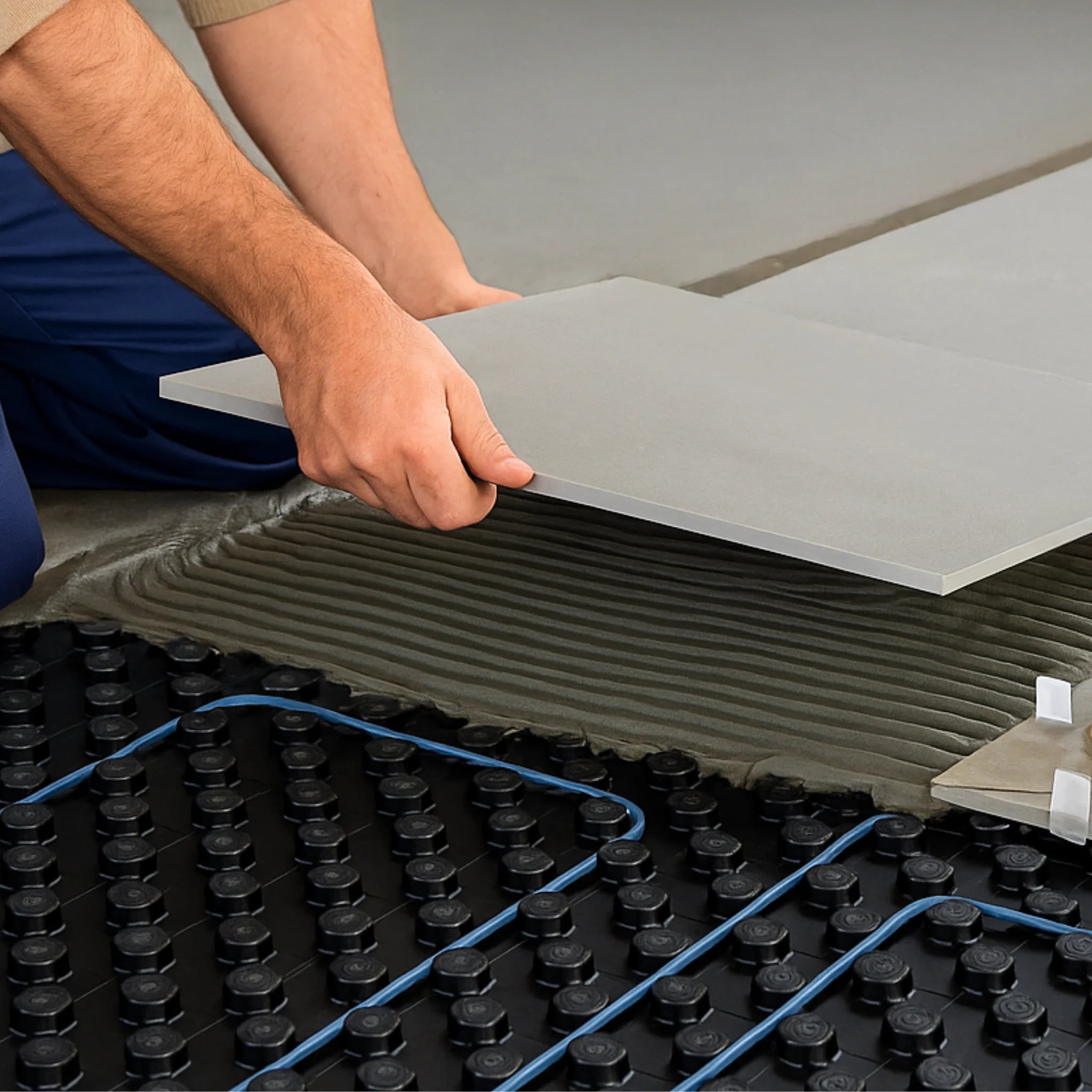 Tile installation over underfloor heating panel