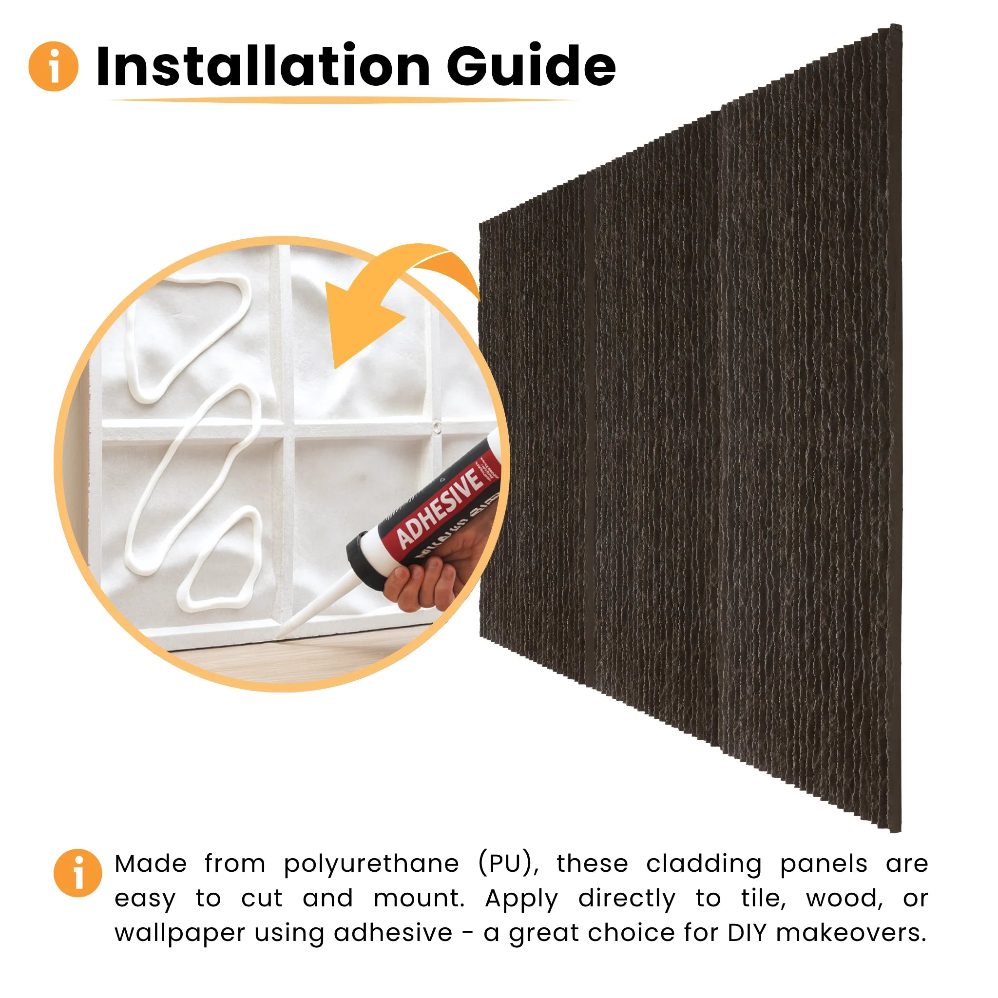 Adhesive installation guide showing how to mount lightweight PU wall cladding panels on surfaces