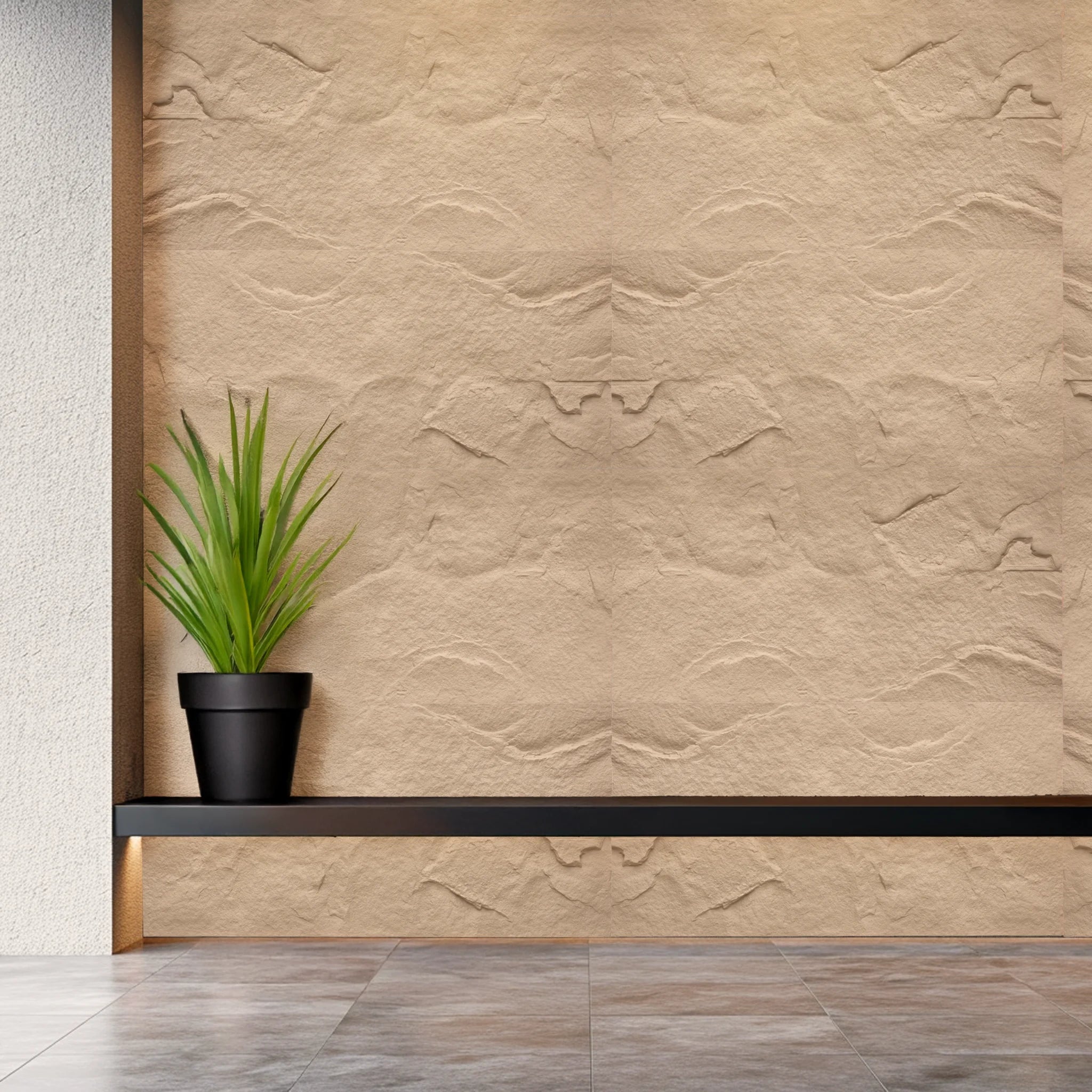 Faux stone wall panels sand beige with 3D texture behind shelf and plant in modern interior