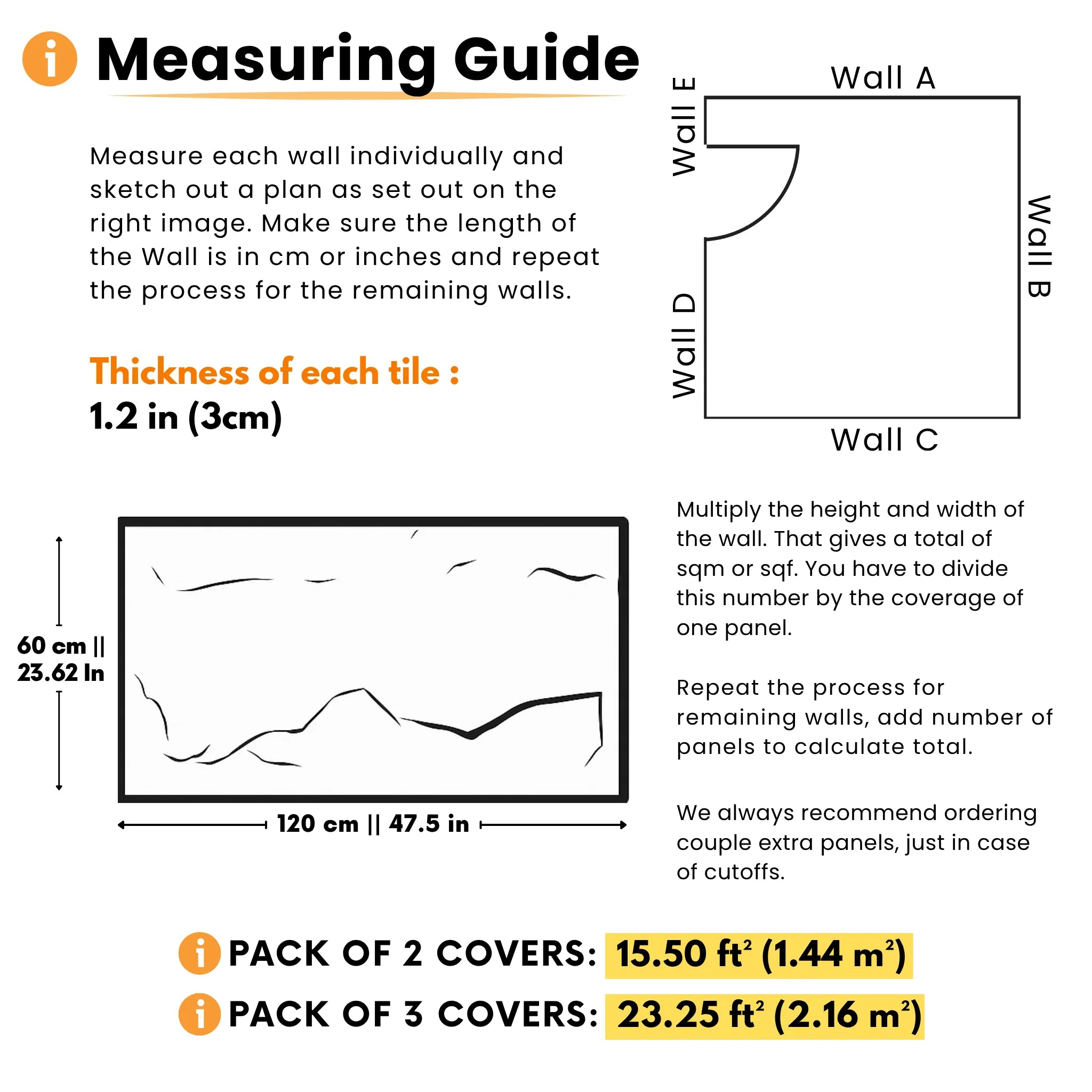 Measuring guide for 3D wall panels with tile size thickness and pack coverage