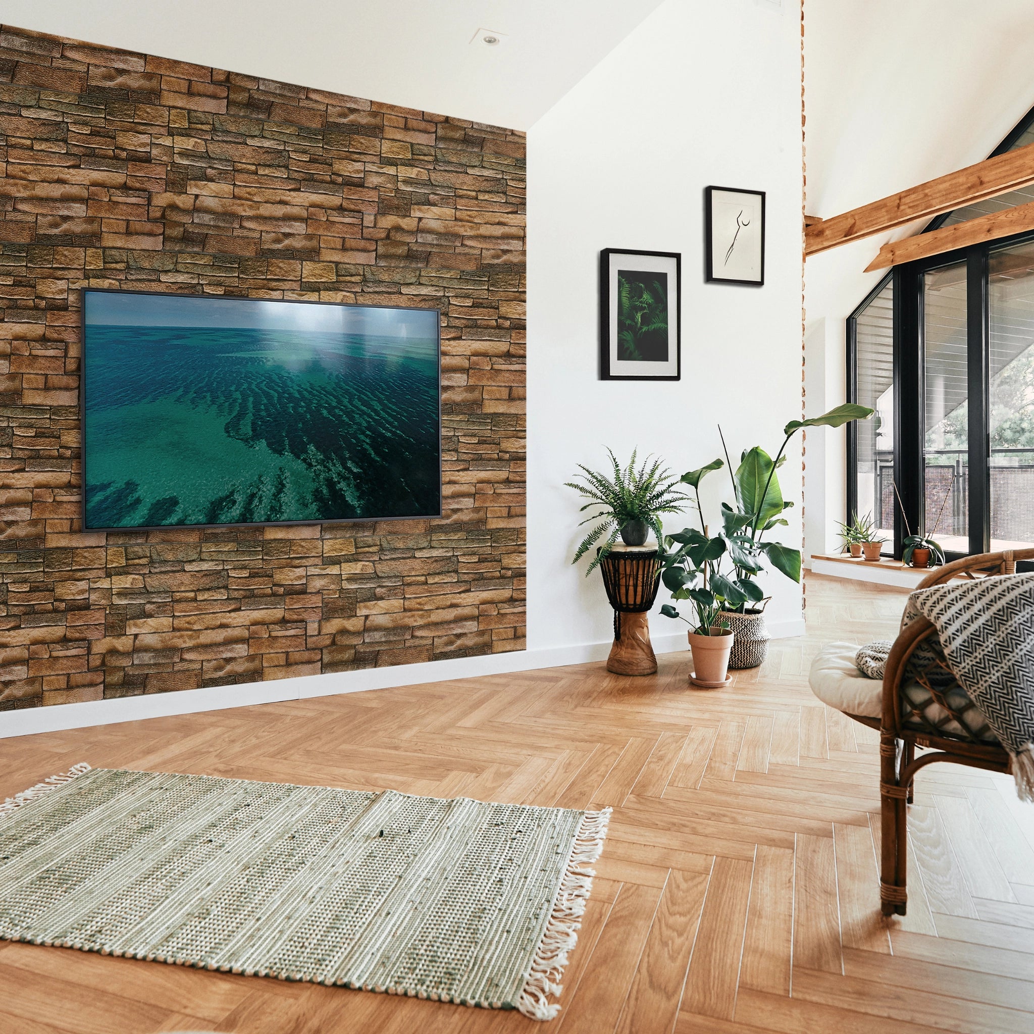Modern living room with rustic tan wall panel featuring geometric patterns