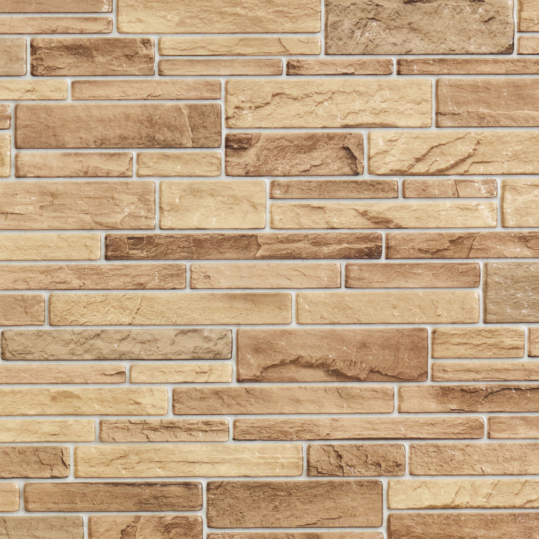 close-up of beige brown slim stone brick 3d wall panel texture