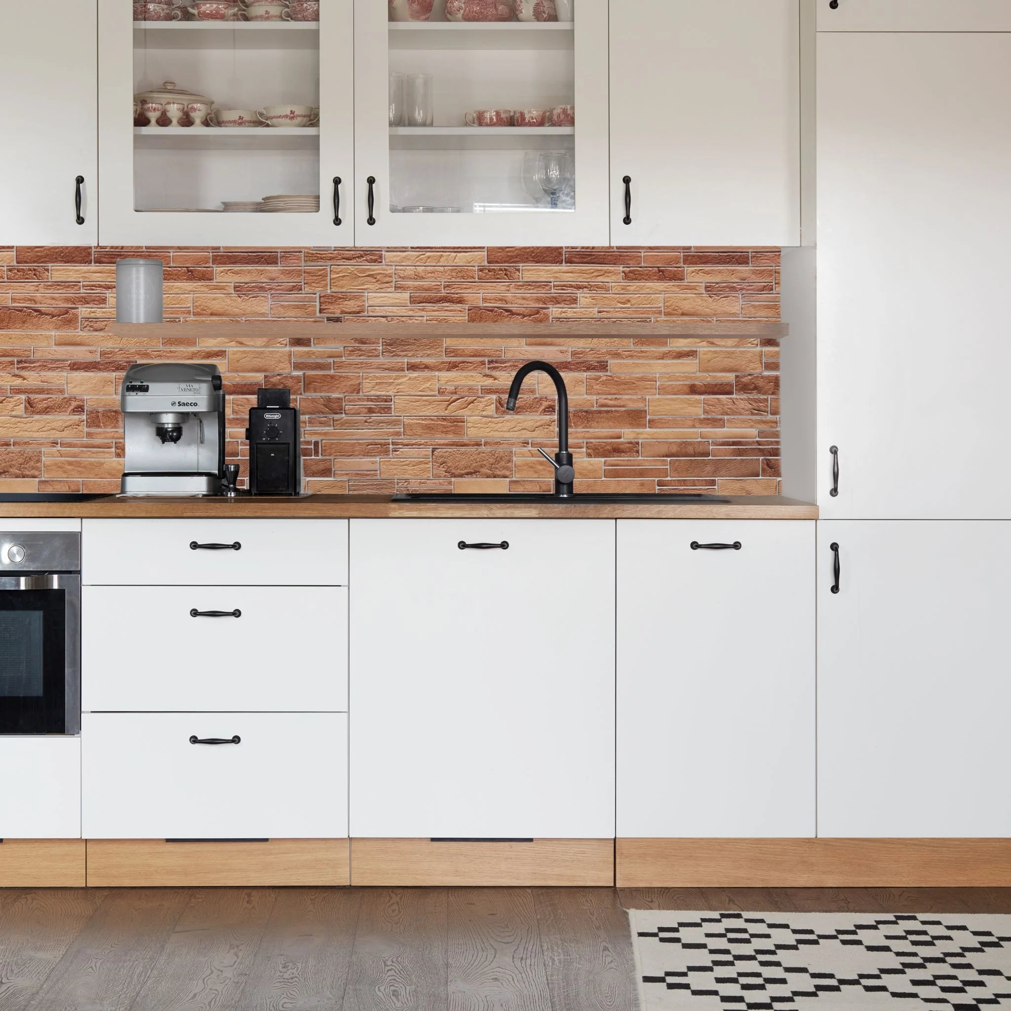 kitchen with beige brown slim stone brick pattern 3d wall panels