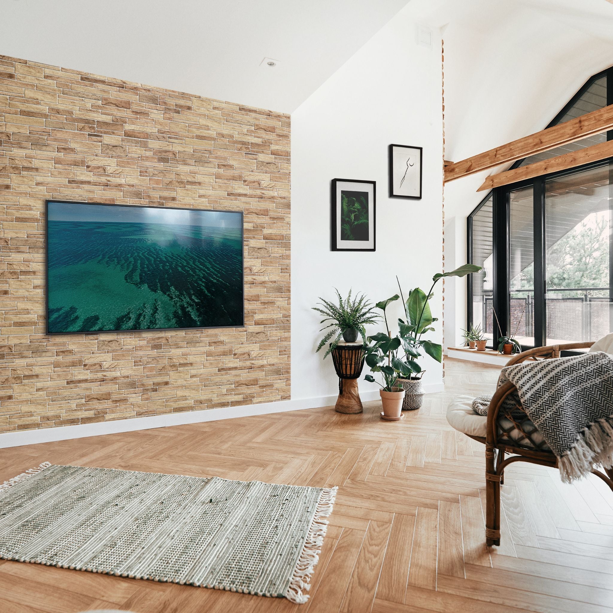 living room with light beige brown slim stone brick pattern 3d wall panels