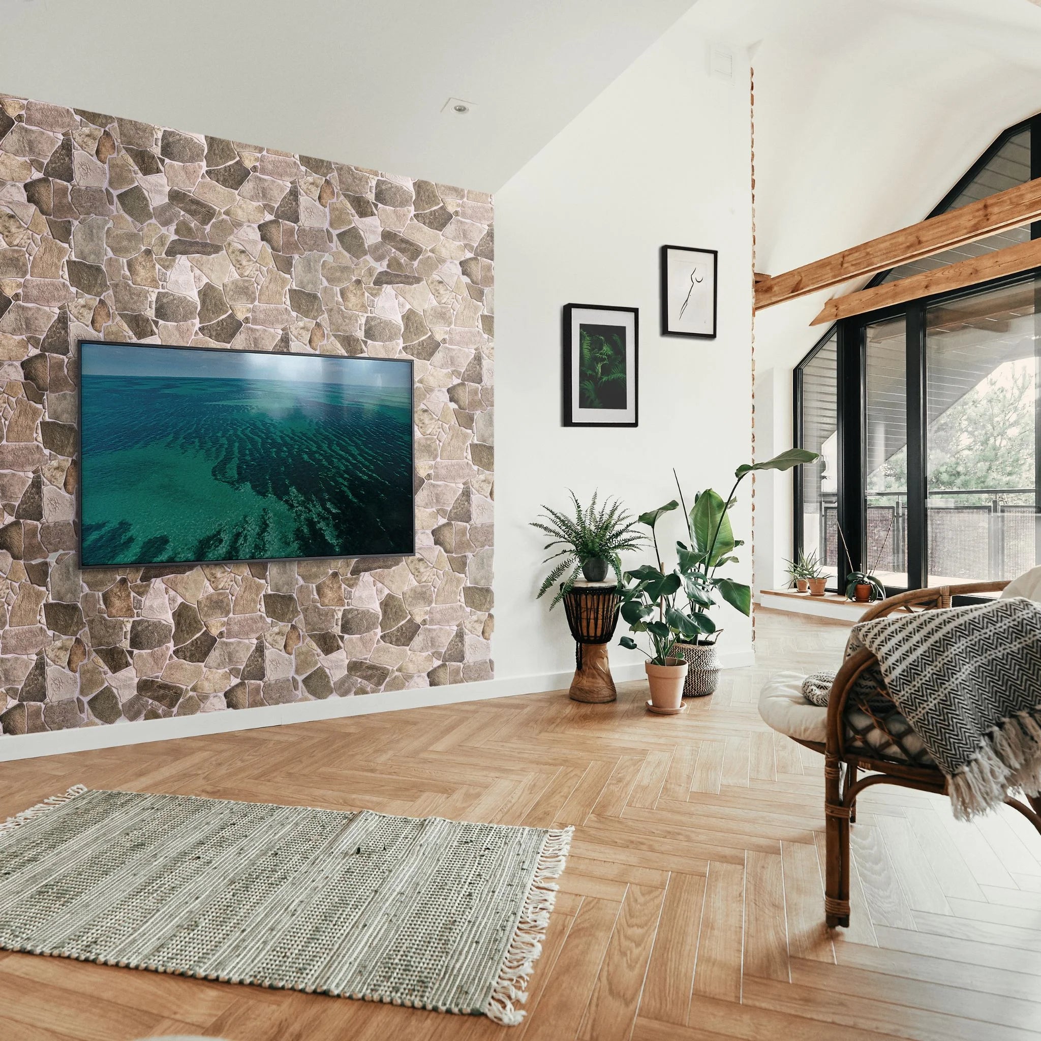 living room with brown wild stone pattern 3d wall panels