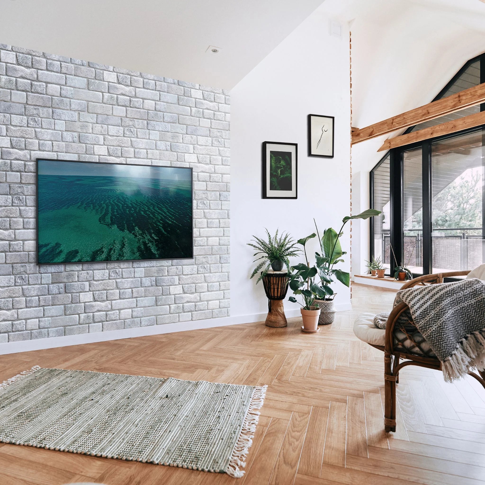 living room with grey faux brick pattern 3d wall panels