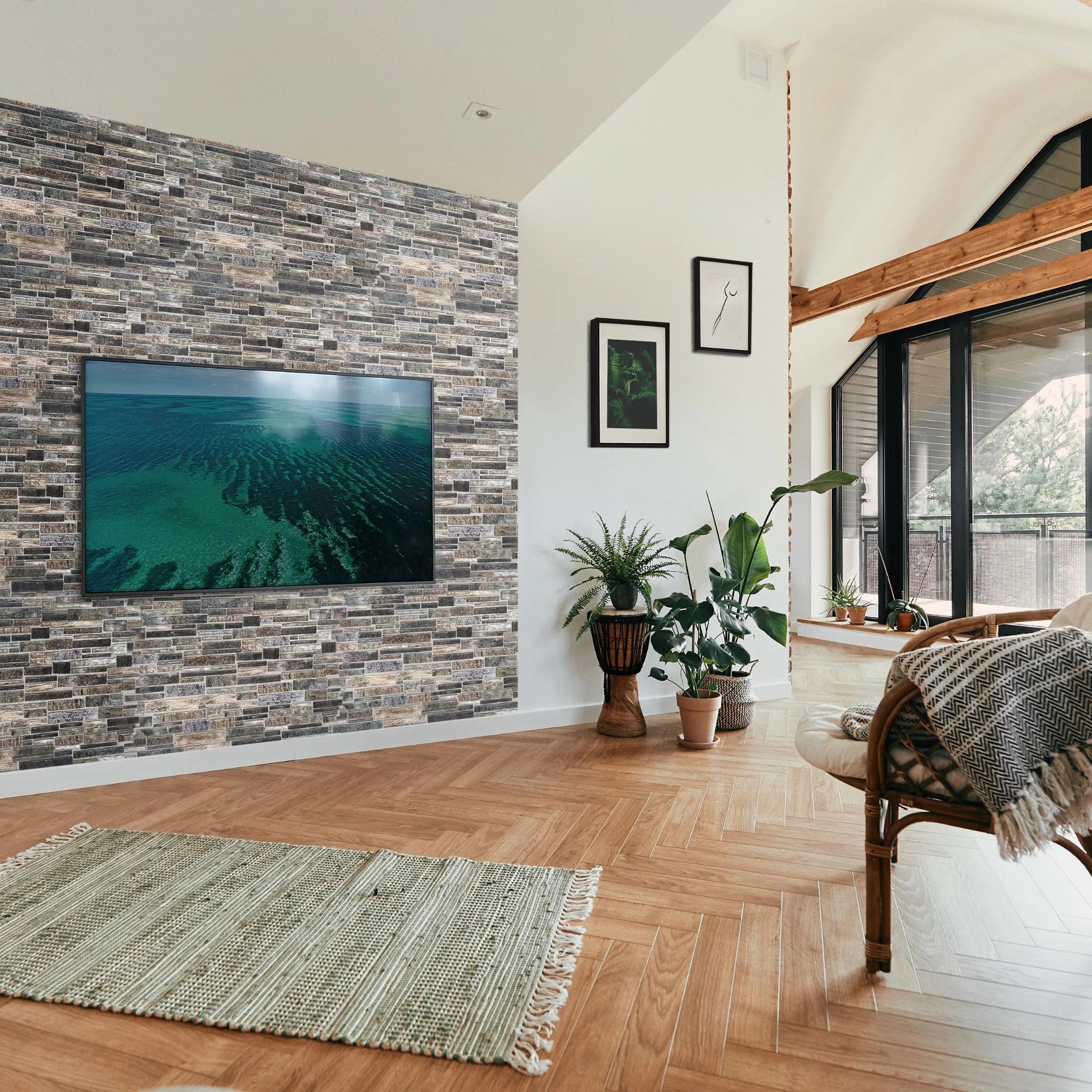 living room with grey slim stone brick pattern 3d wall panels
