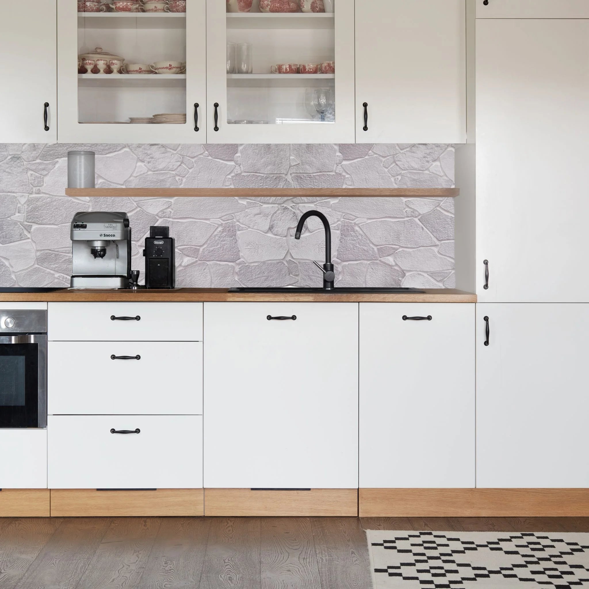 kitchen with grey wild stone pattern 3d wall panels
