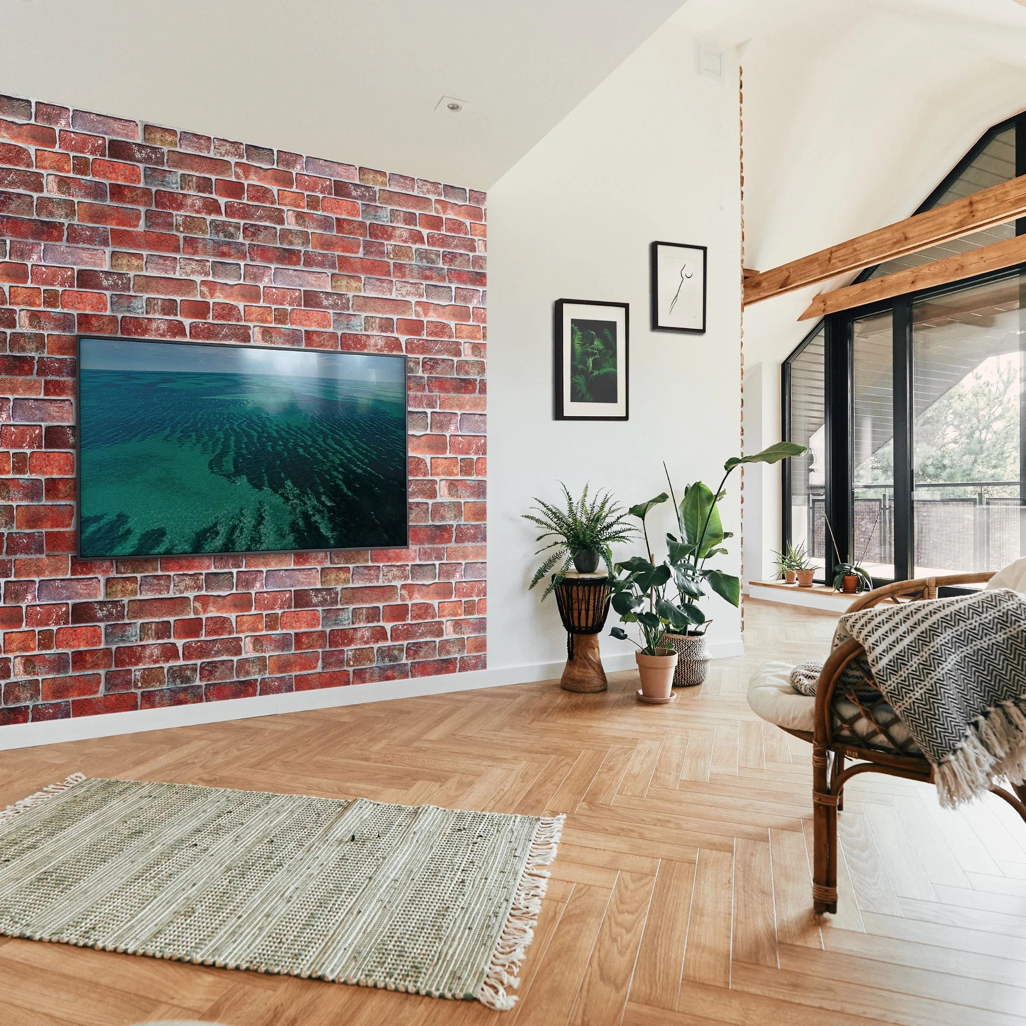 living room with red retro brick pattern 3d wall panels