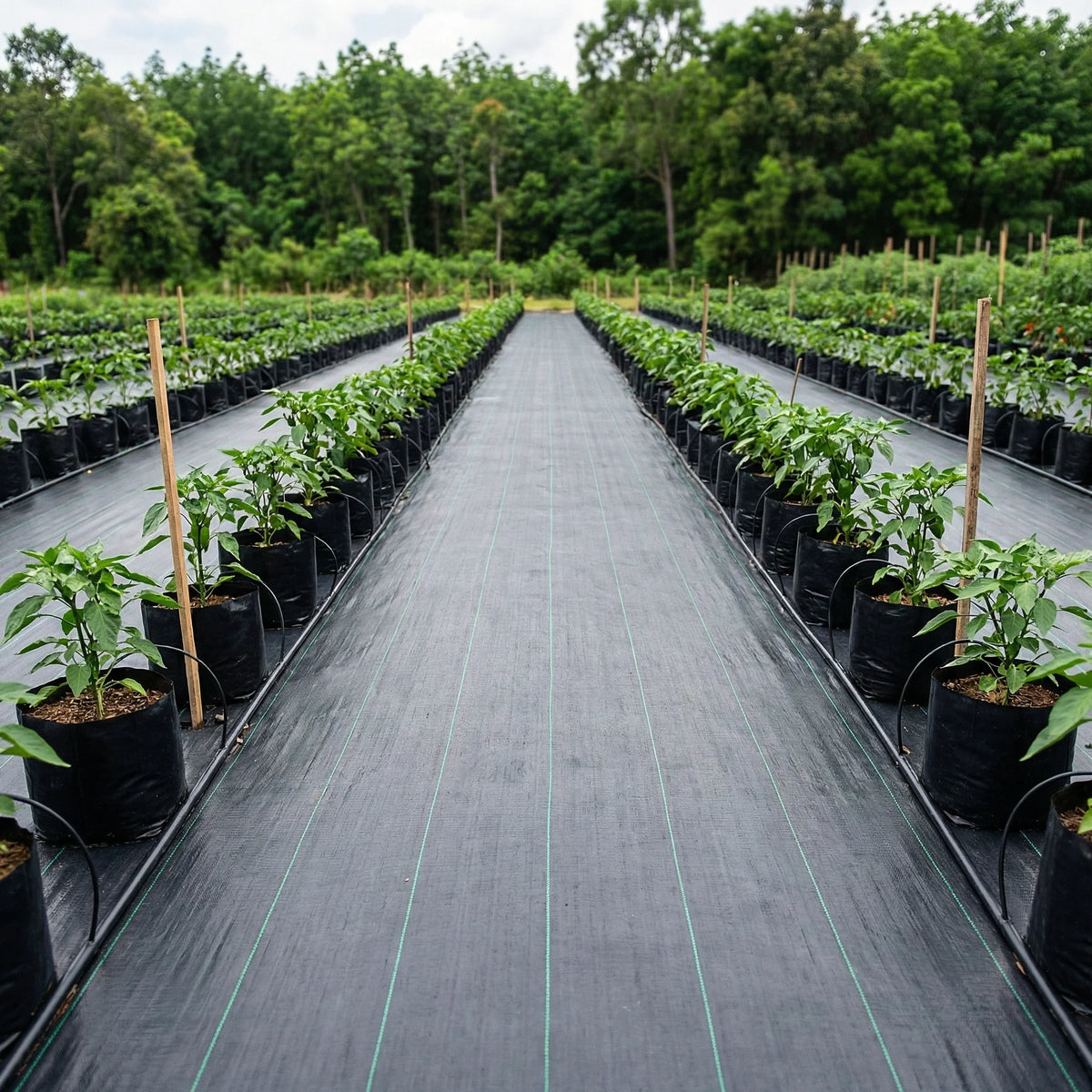 Garden rows with plants on heavy duty weed fabric