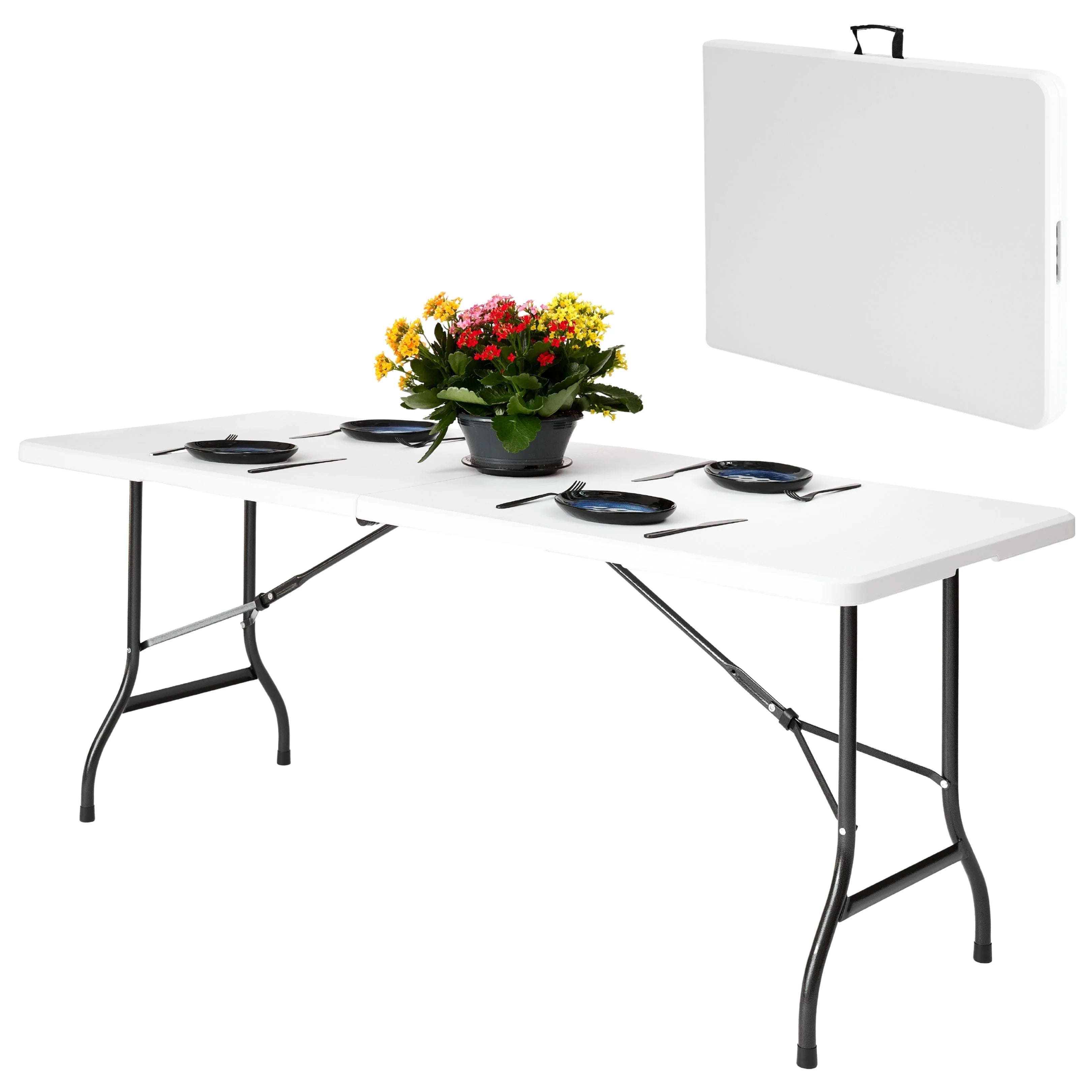 white 6ft folding table set up with plates folded view