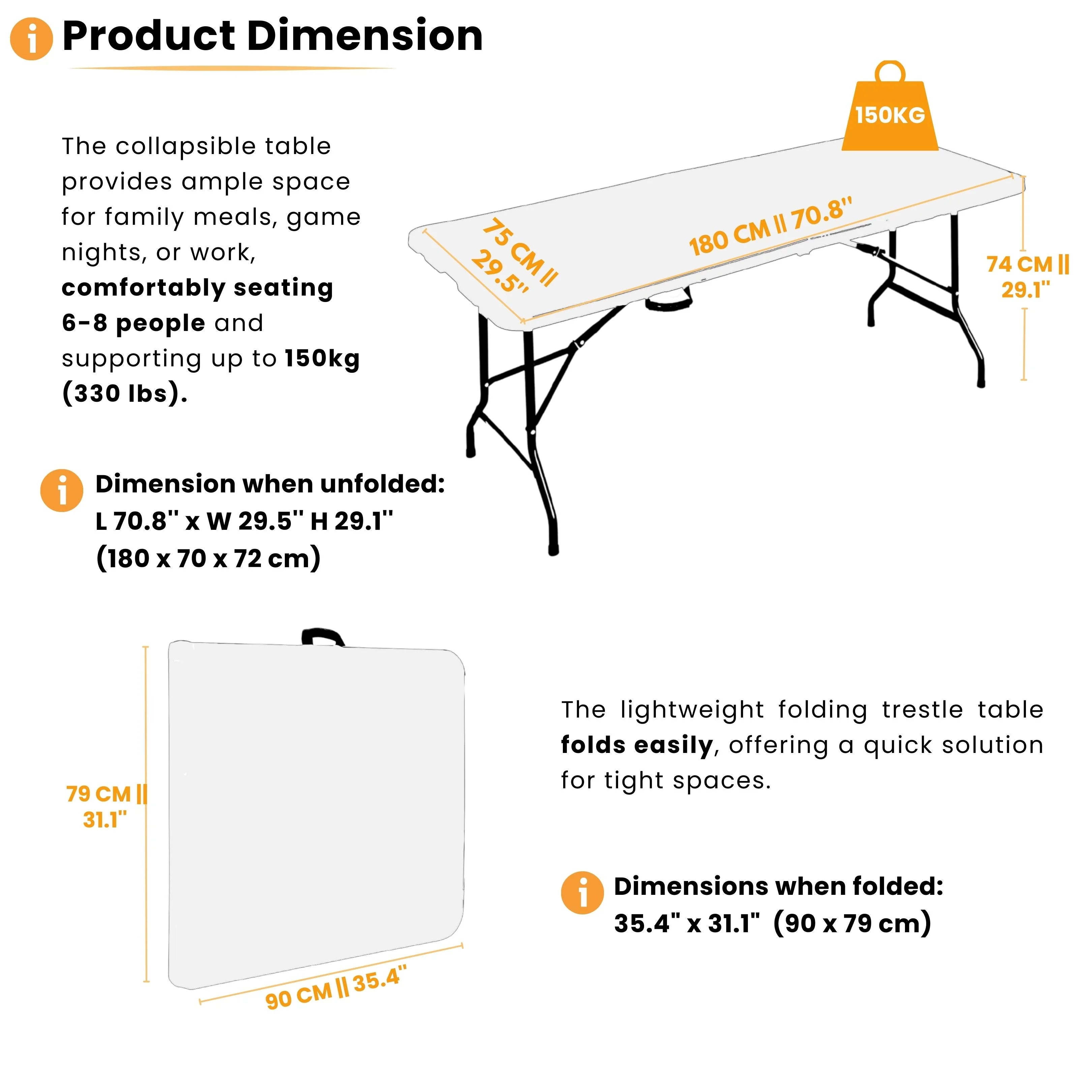 product dimensions of white 6ft folding table displayed