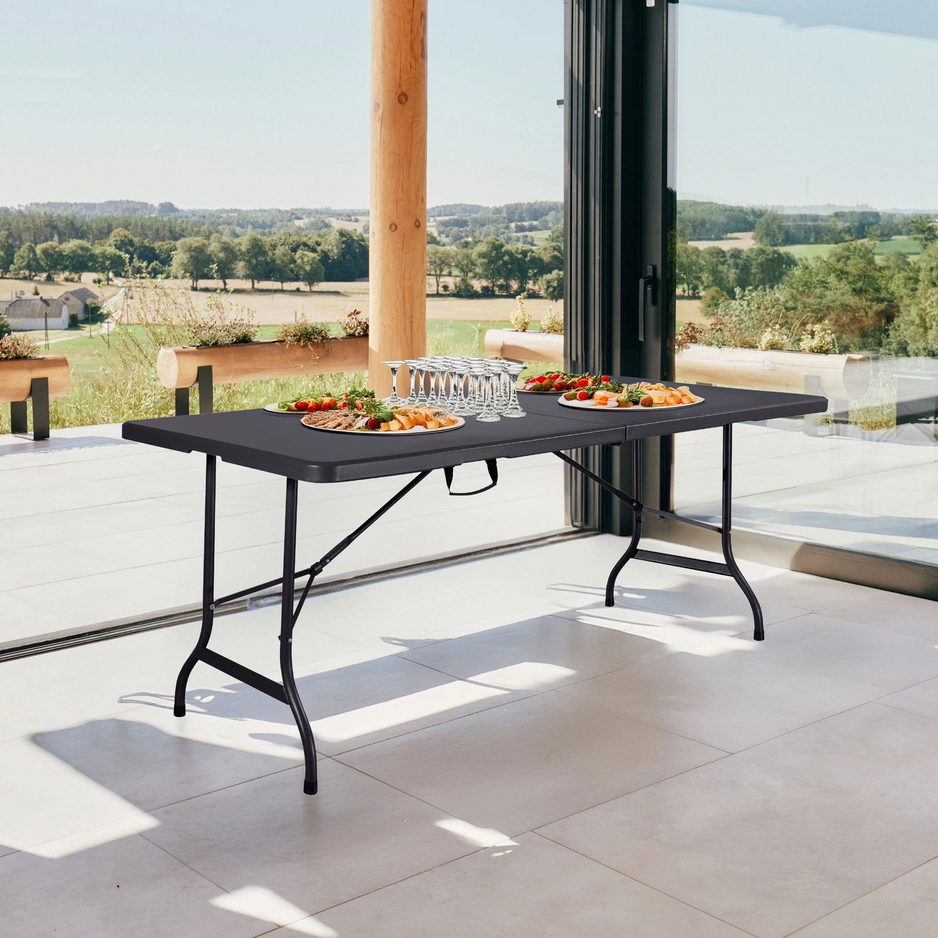 black 6ft folding table set up in modern open space