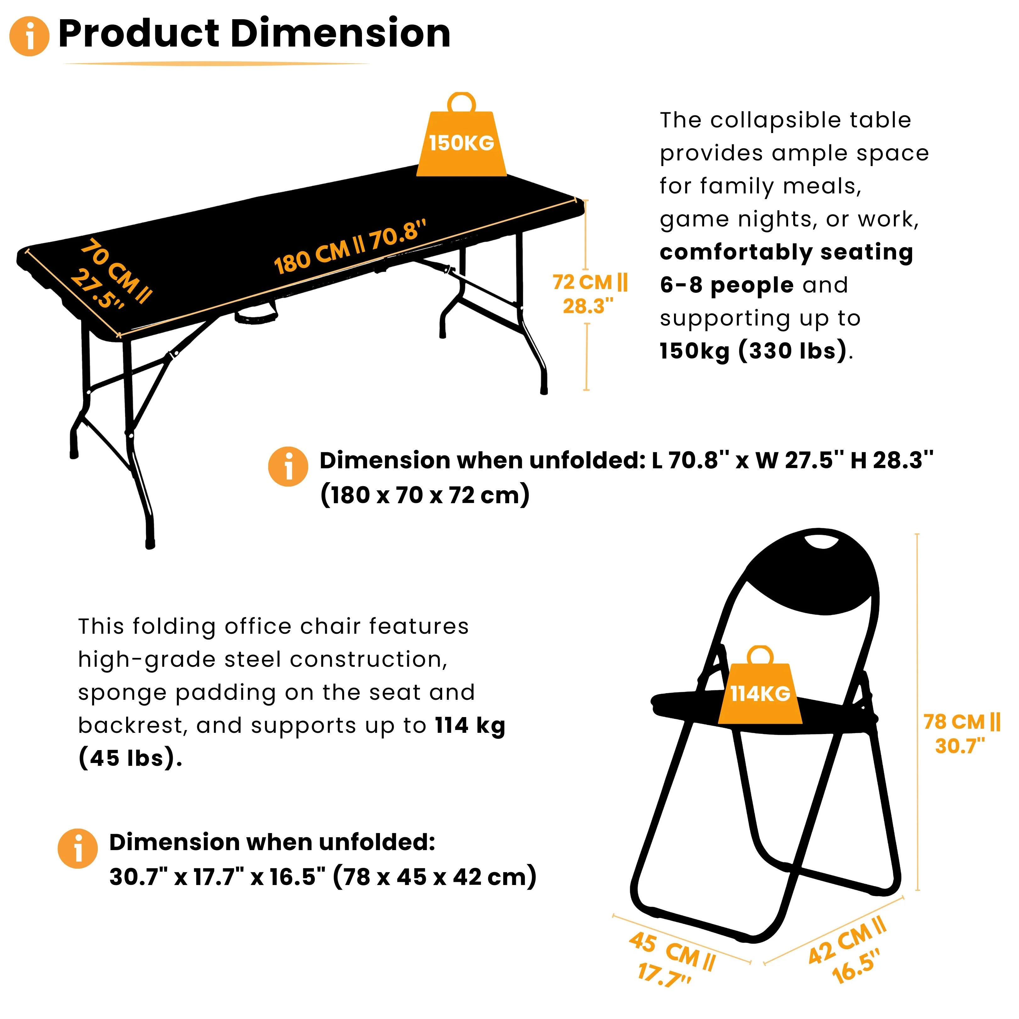 black 6ft folding table and chairs dimensions and weight limits