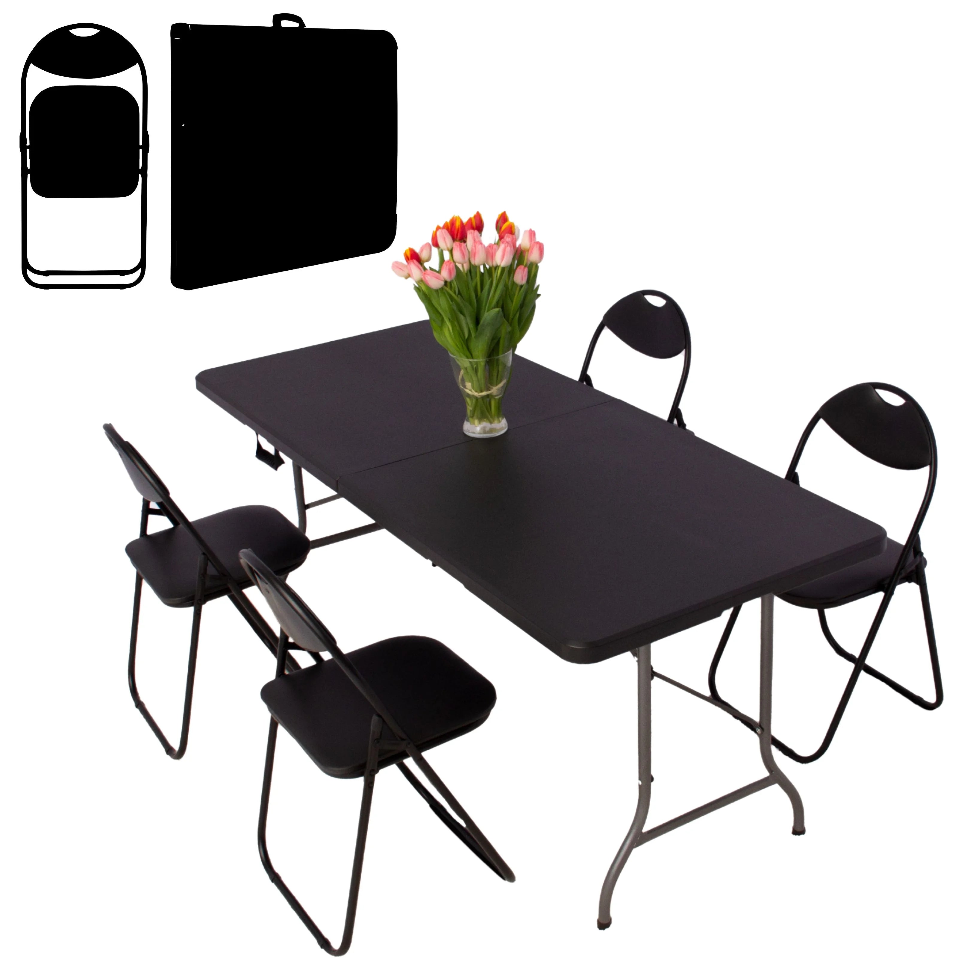 black 6ft folding table and chairs case folded and unfolded